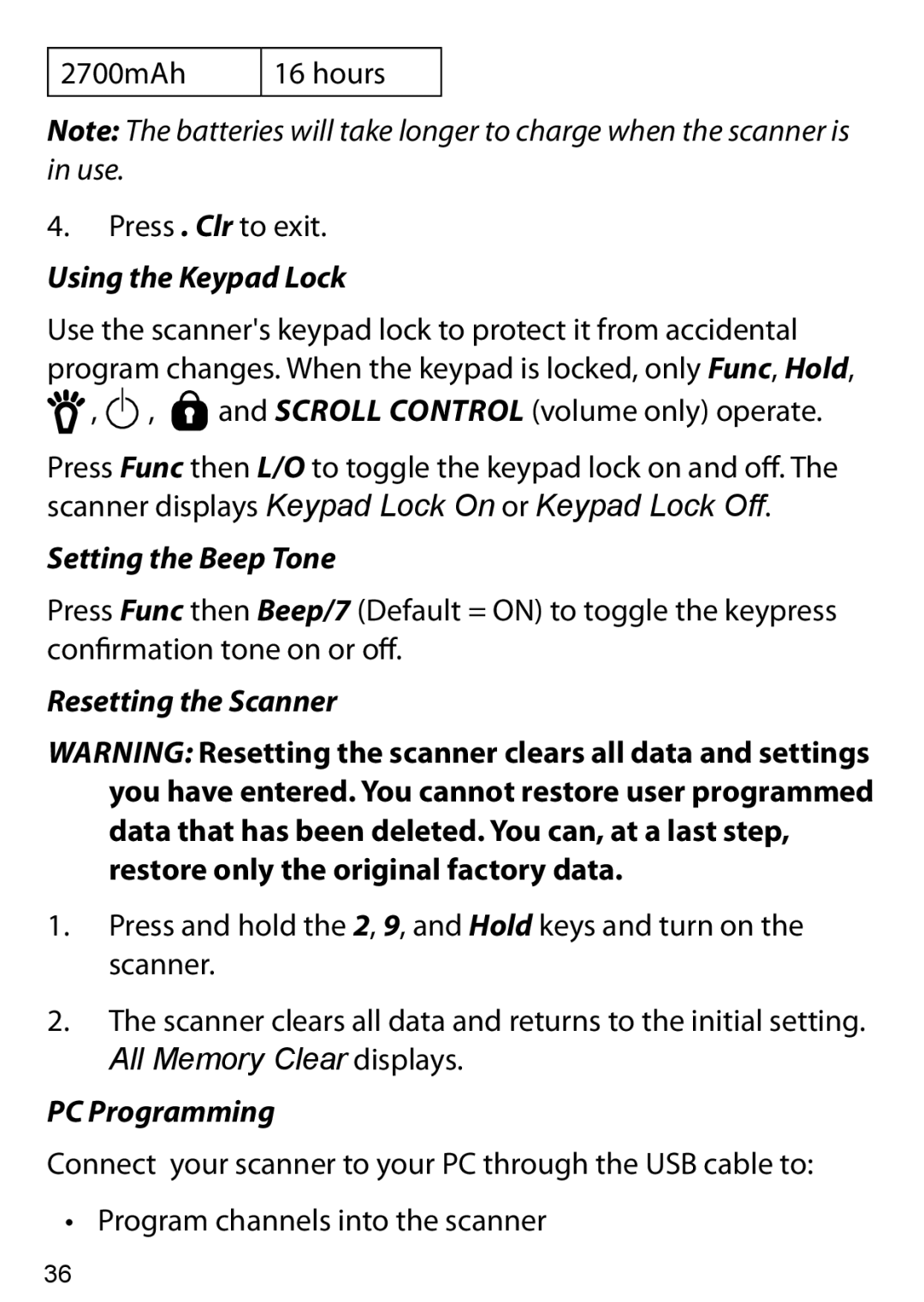 Uniden BC125AT owner manual Using the Keypad Lock, Setting the Beep Tone, Resetting the Scanner, All Memory Clear displays 