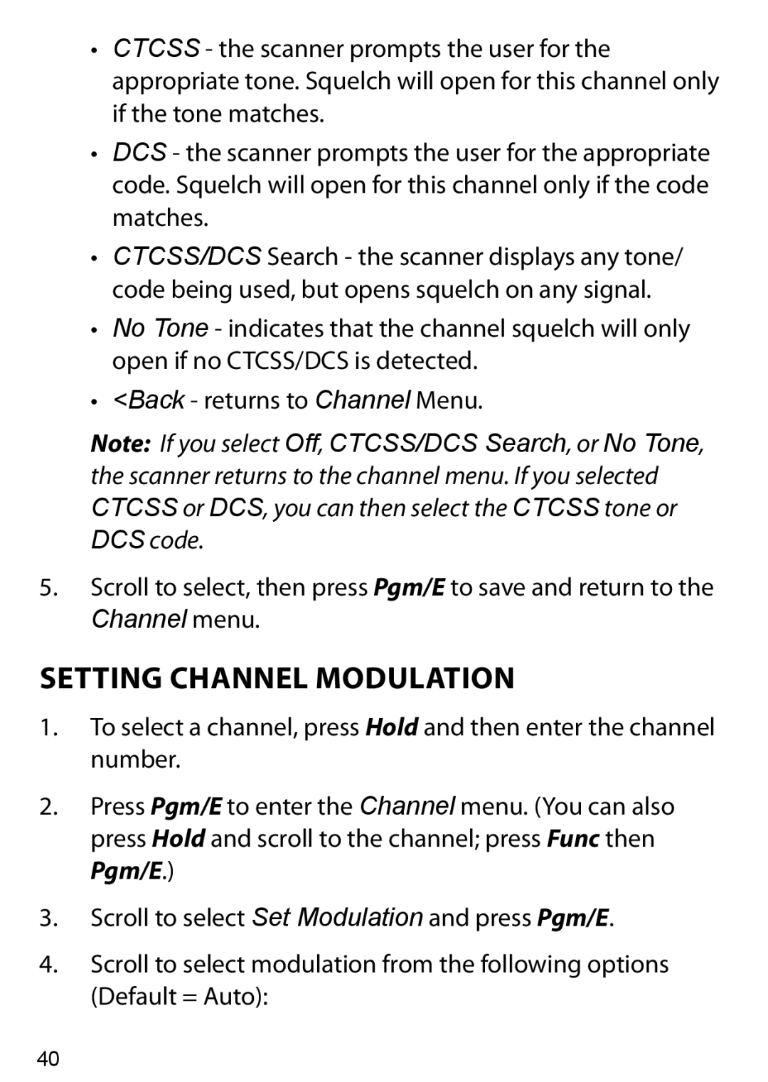 Uniden BC125AT owner manual Setting Channel Modulation, Channel menu 