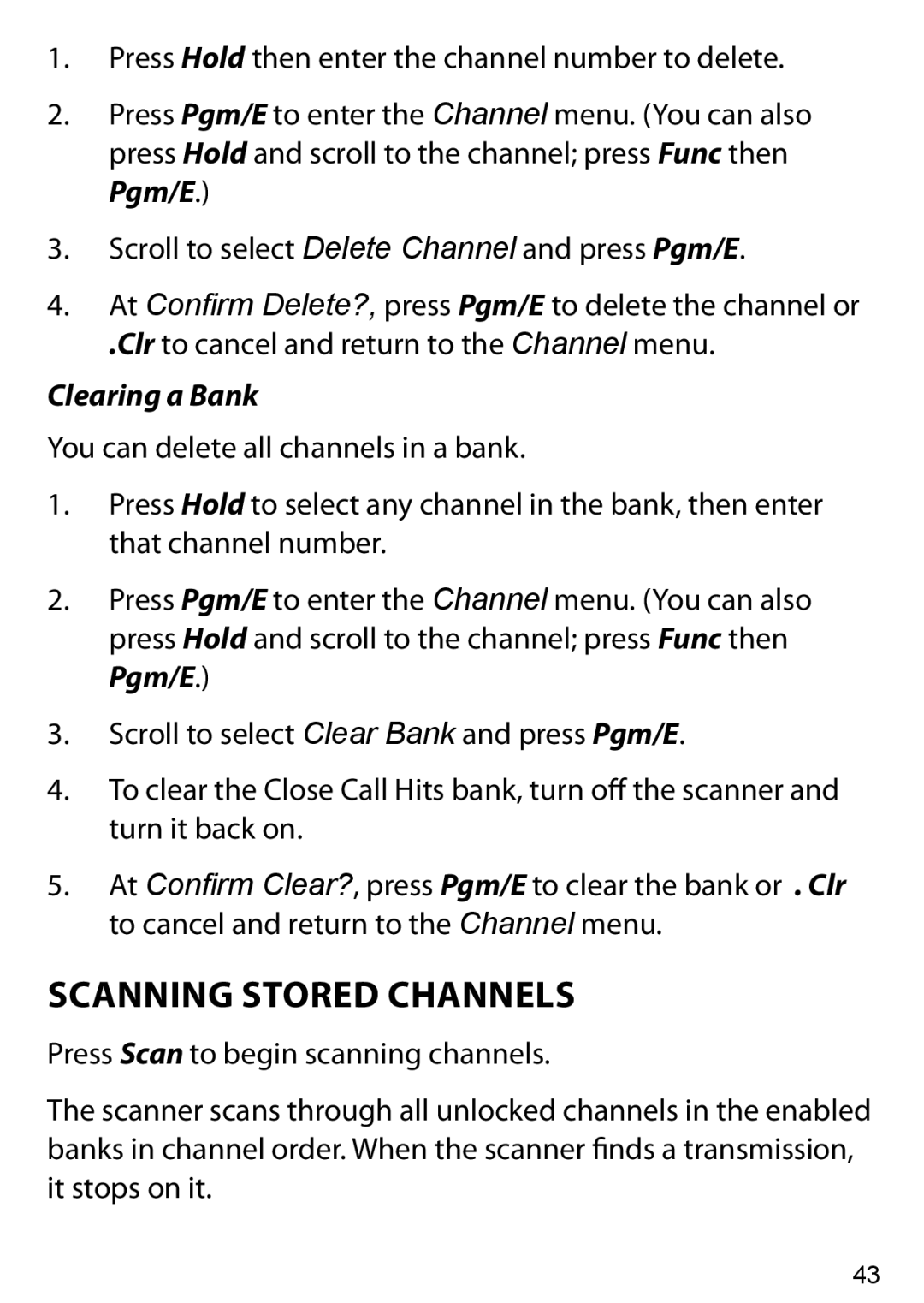 Uniden BC125AT owner manual Scanning Stored Channels, Clearing a Bank 