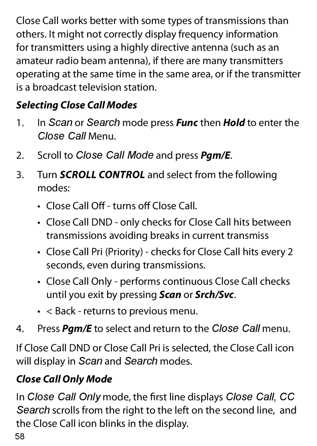 Uniden BC125AT owner manual Selecting Close Call Modes, Close Call Menu, Close Call Only Mode 