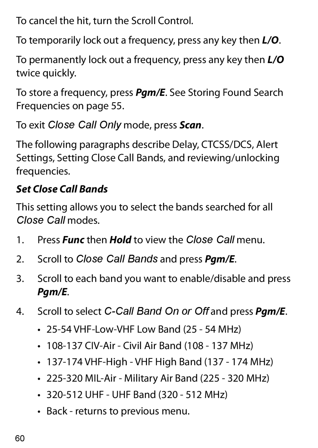 Uniden BC125AT owner manual Set Close Call Bands 