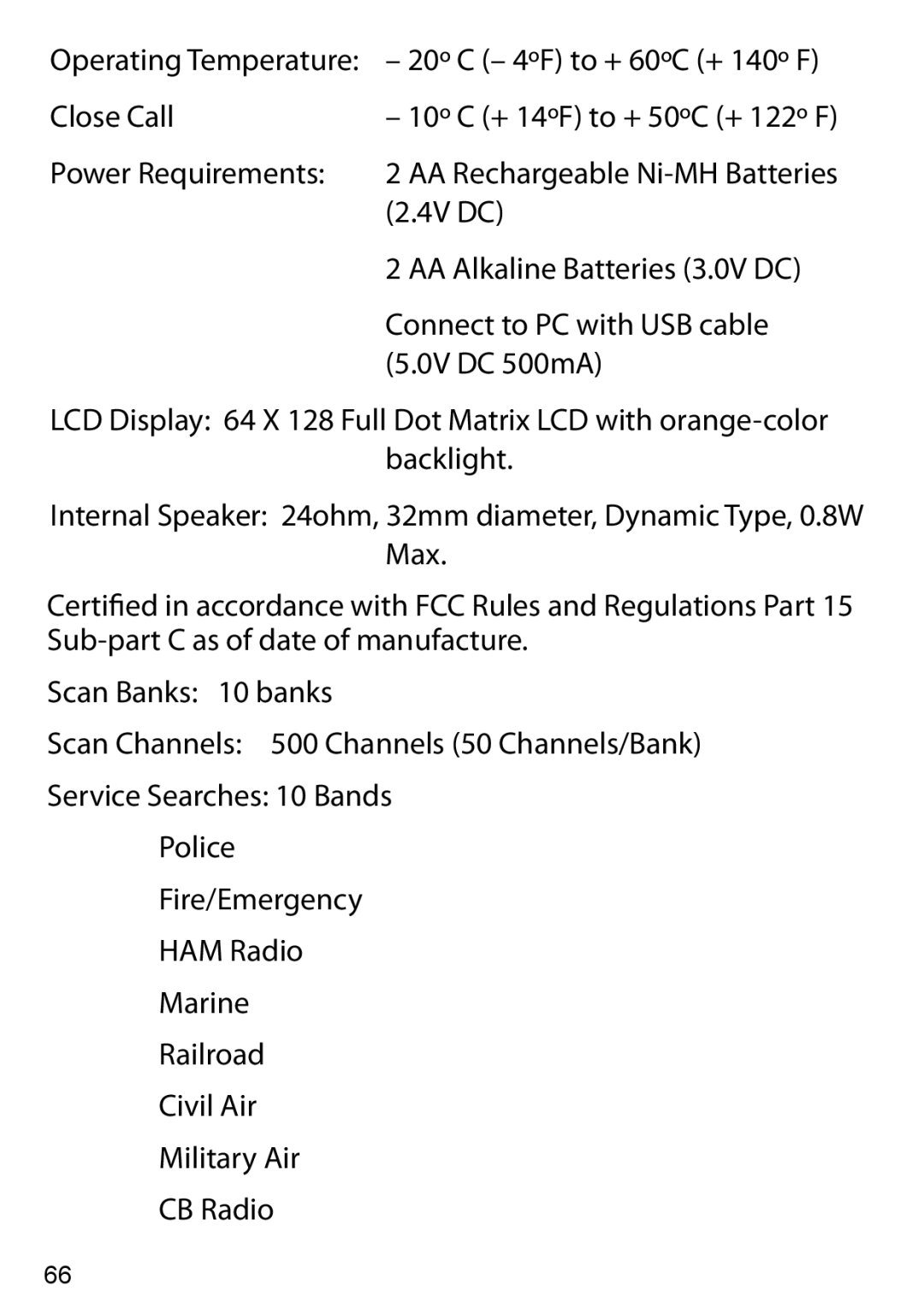 Uniden BC125AT owner manual Operating Temperature 