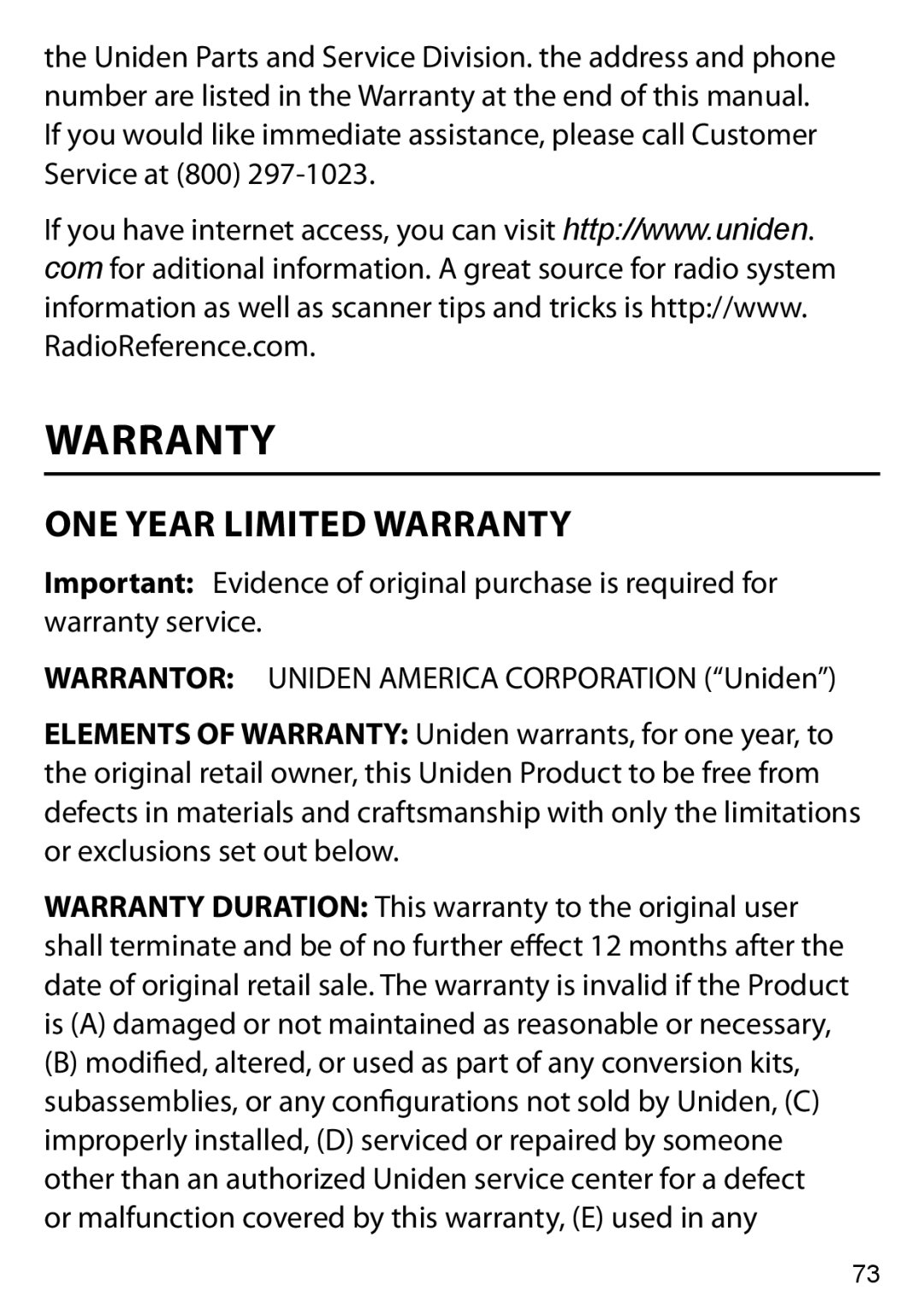 Uniden BC125AT owner manual One Year Limited Warranty 