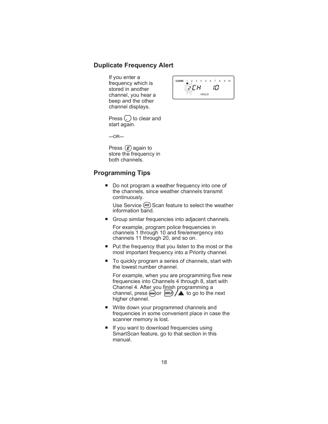 Uniden BC245XLT manual Duplicate Frequency Alert, Tips 