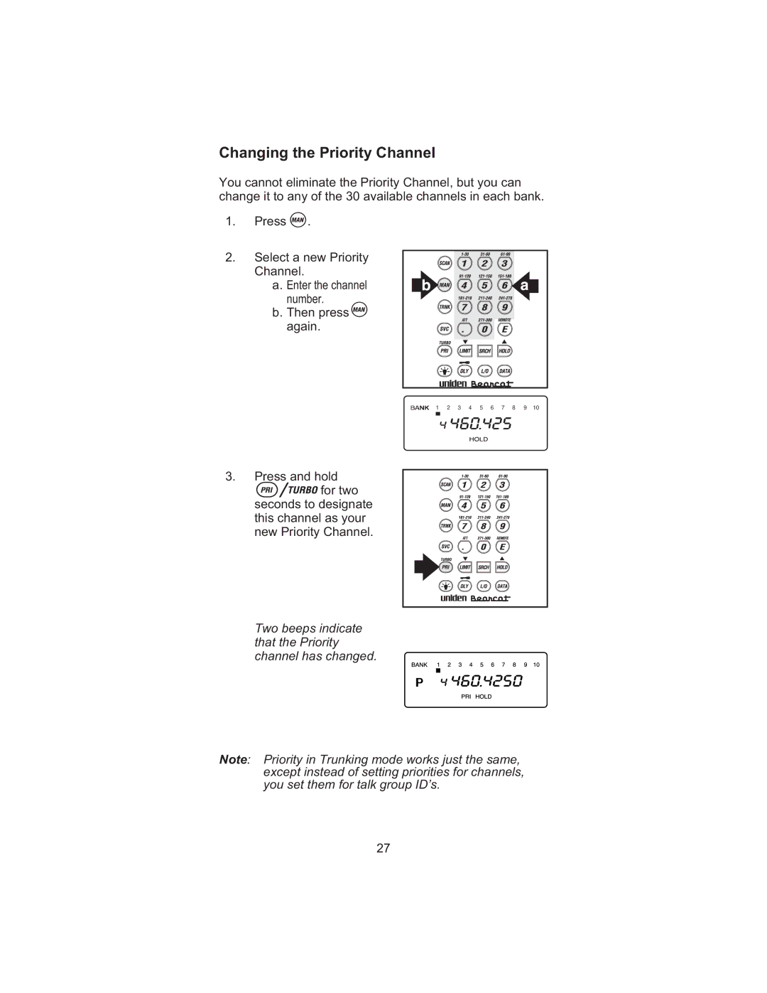 Uniden BC245XLT manual Changing the Priority Channel 