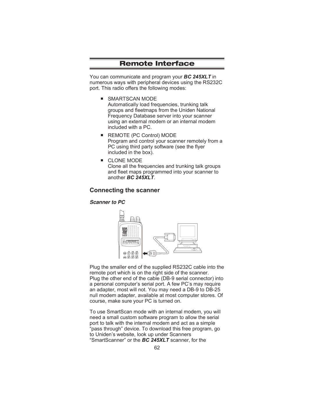 Uniden BC245XLT manual Remote Interface, Connecting the scanner 