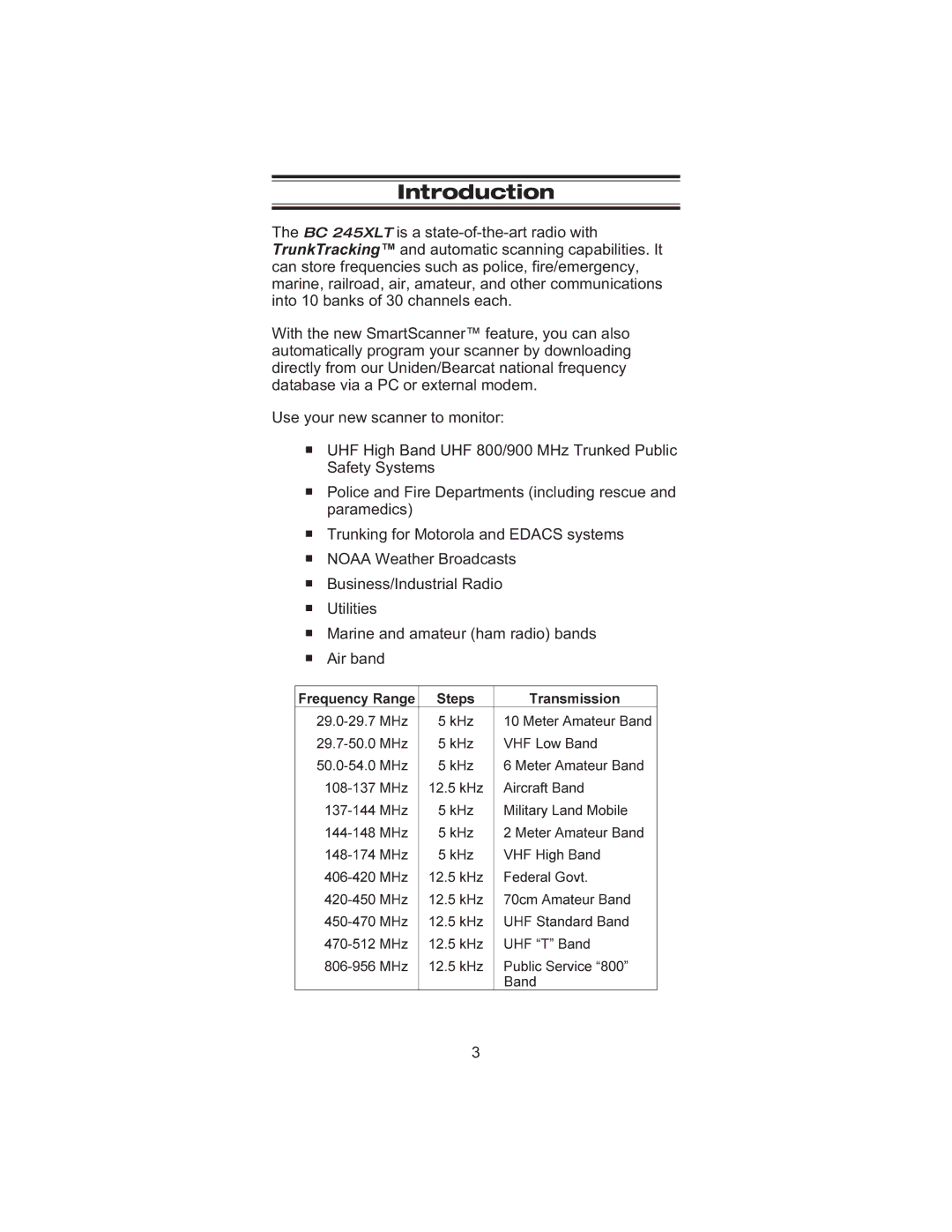 Uniden BC245XLT manual Introduction, MHz12.5kHz 