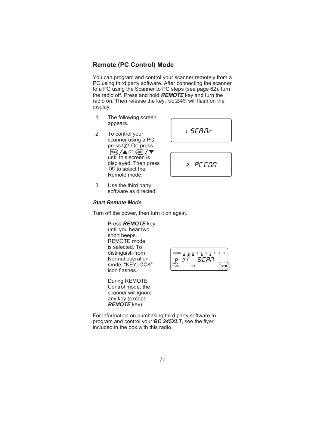 Uniden BC245XLT manual Remote PC Control Mode 