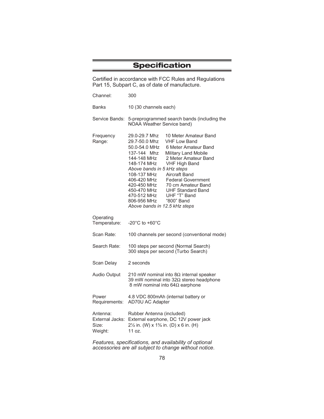 Uniden BC245XLT manual Specification, Above bands in 5 kHz steps 