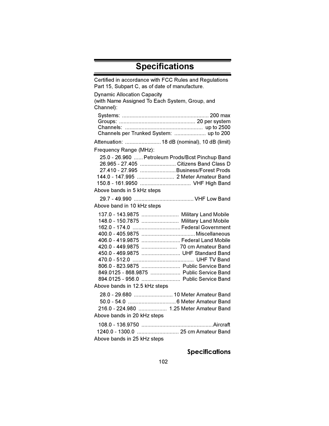 Uniden BC246T owner manual Specifications 