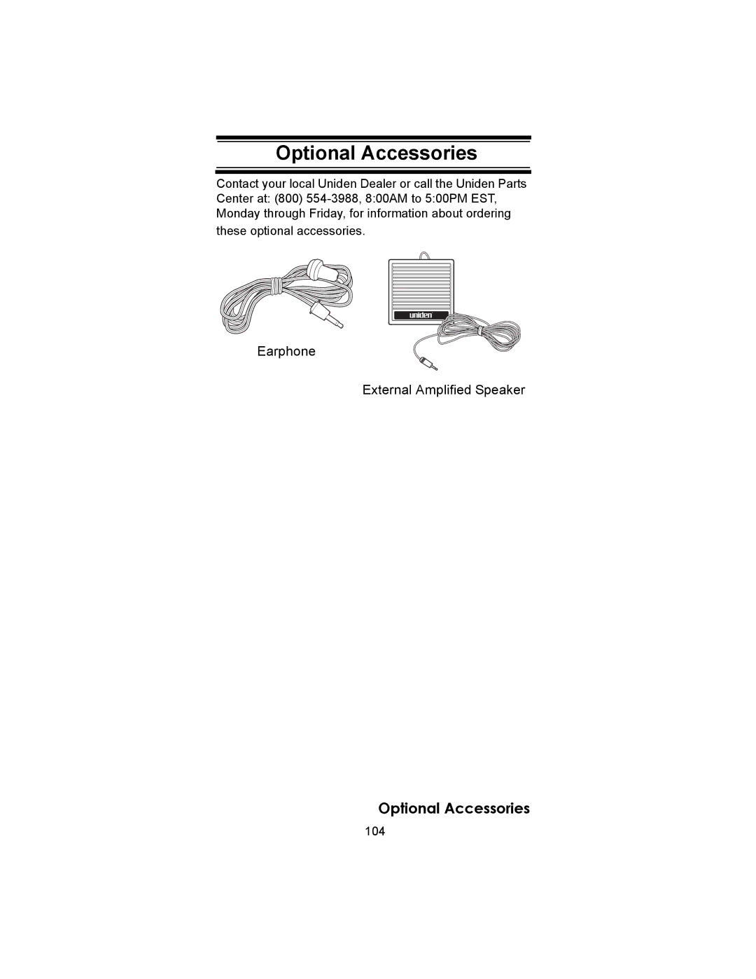 Uniden BC246T owner manual Optional Accessories, 104 