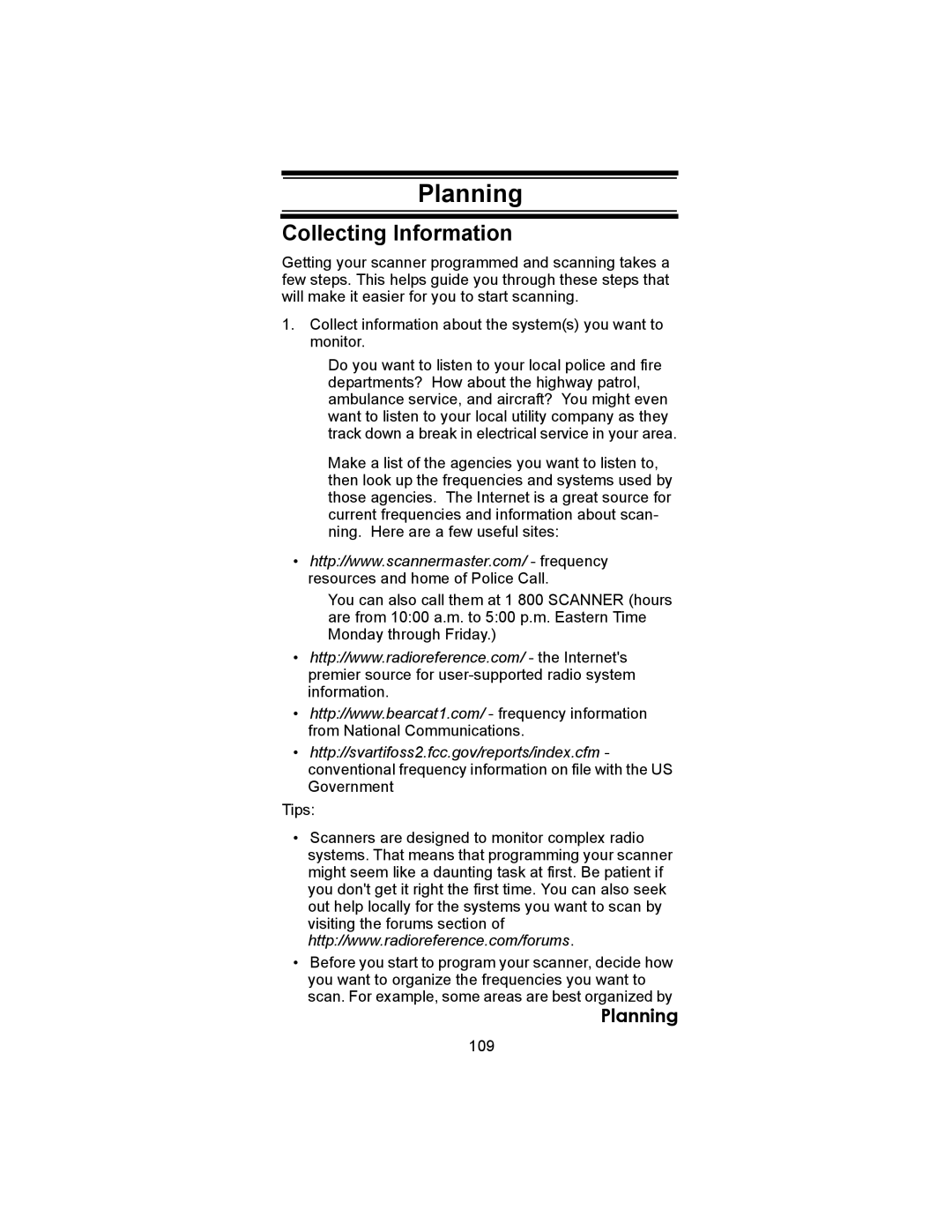 Uniden BC246T owner manual Planning, Collecting Information, 109 