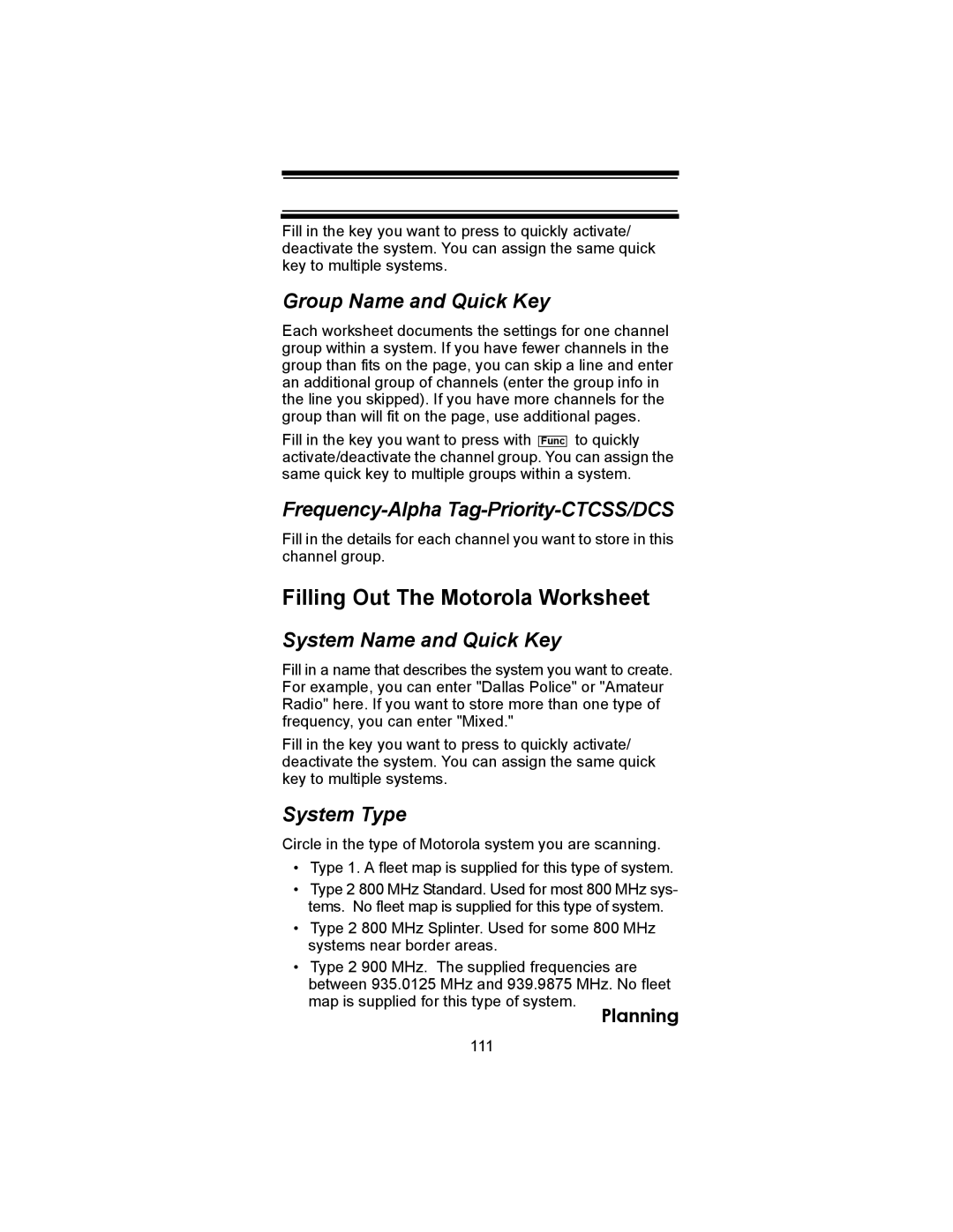 Uniden BC246T Filling Out The Motorola Worksheet, Group Name and Quick Key, Frequency-Alpha Tag-Priority-CTCSS/DCS, 111 