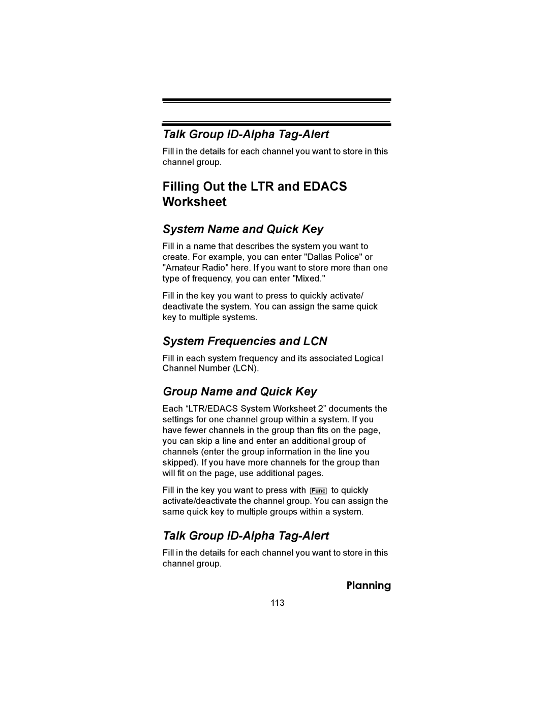 Uniden BC246T Filling Out the LTR and Edacs Worksheet, Talk Group ID-Alpha Tag-Alert, System Frequencies and LCN, 113 