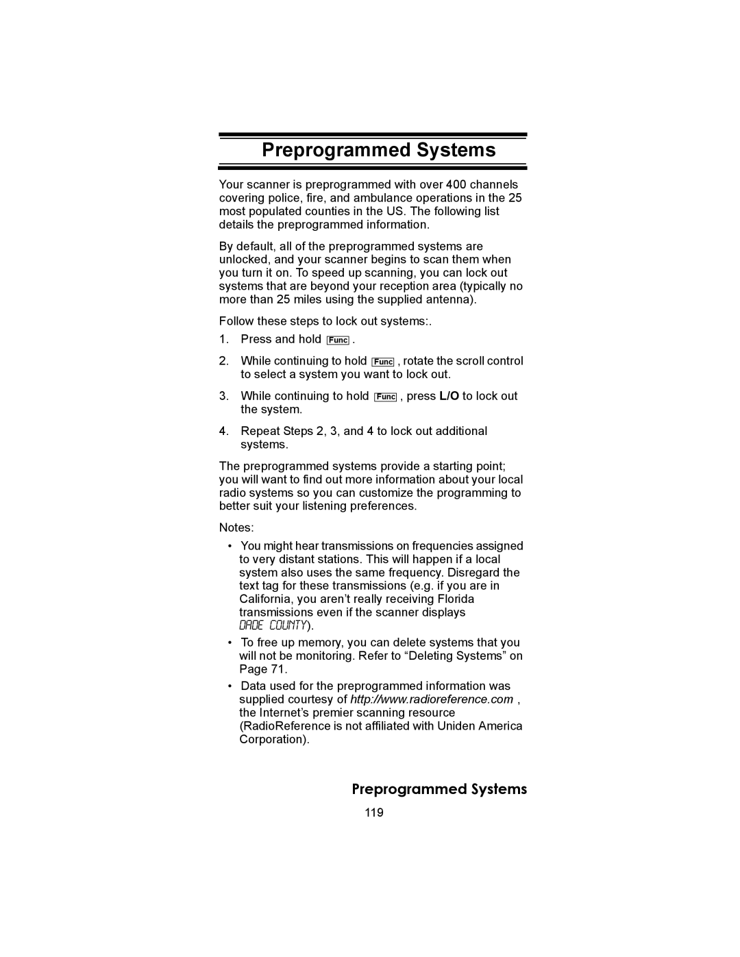 Uniden BC246T owner manual Preprogrammed Systems, 119 