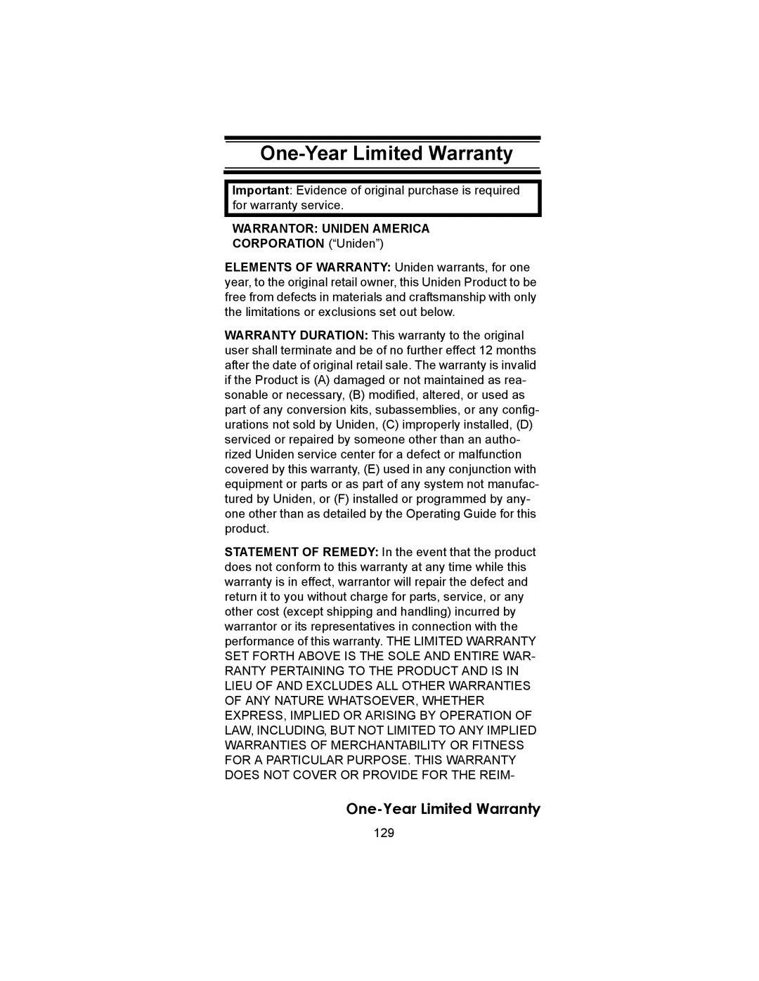 Uniden BC246T owner manual One-Year Limited Warranty, 129 