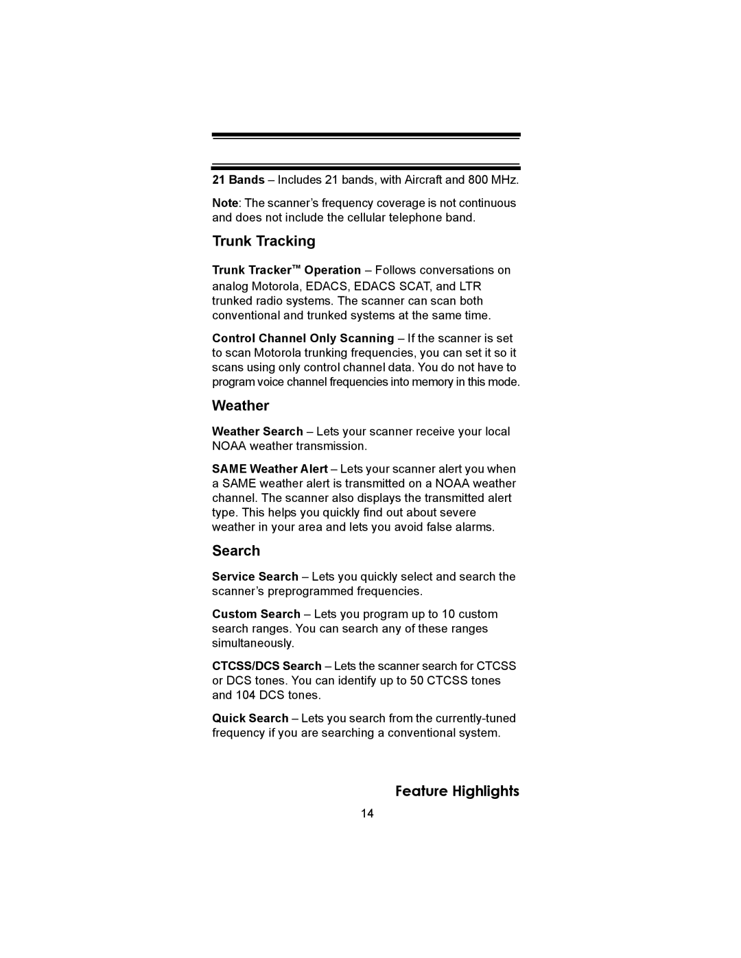 Uniden BC246T owner manual Trunk Tracking, Bands Includes 21 bands, with Aircraft and 800 MHz 