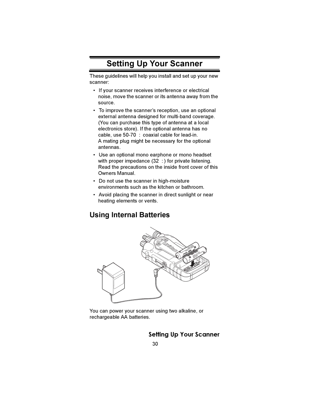 Uniden BC246T owner manual Setting Up Your Scanner, Using Internal Batteries 