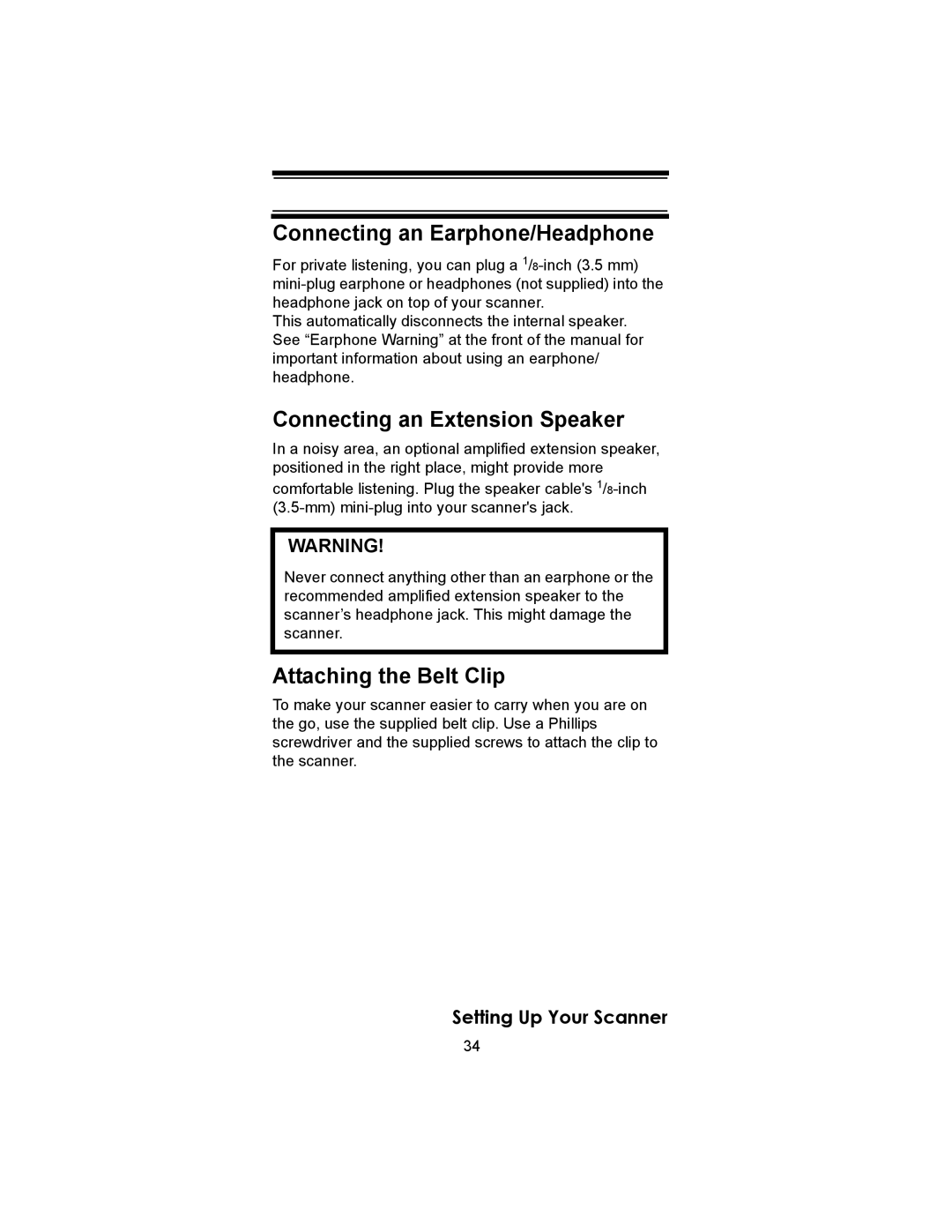 Uniden BC246T owner manual Connecting an Earphone/Headphone, Connecting an Extension Speaker, Attaching the Belt Clip 