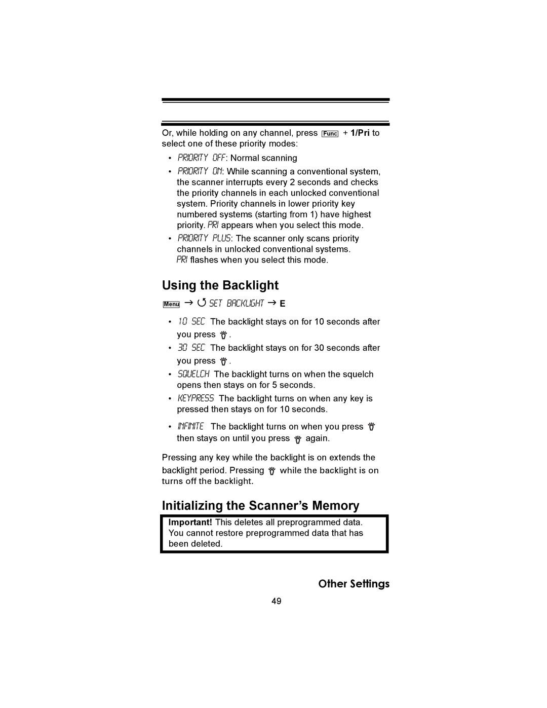 Uniden BC246T owner manual Using the Backlight, Initializing the Scanner’s Memory 