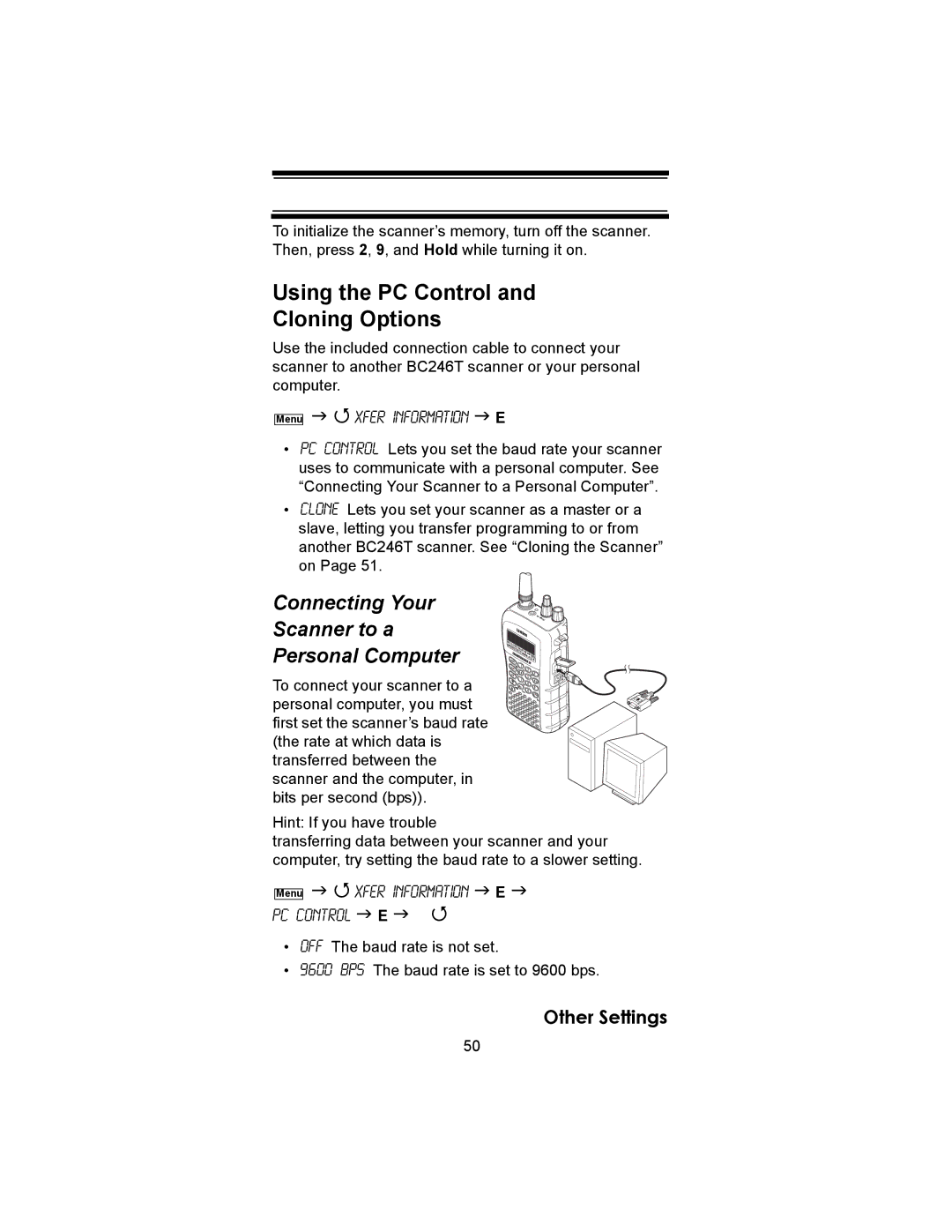 Uniden BC246T owner manual Using the PC Control Cloning Options, Connecting Your Scanner to a Personal Computer 