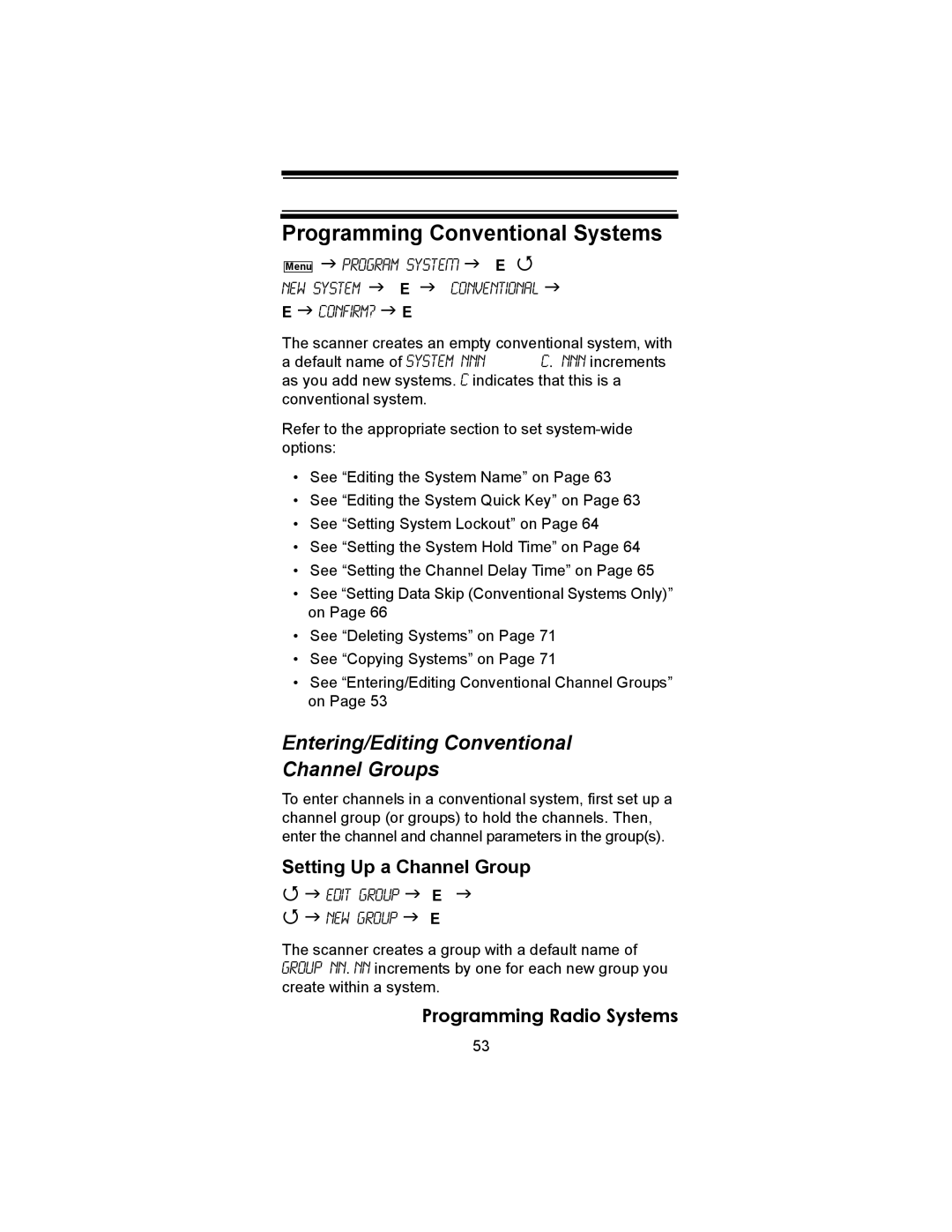 Uniden BC246T owner manual Programming Conventional Systems, Entering/Editing Conventional Channel Groups 