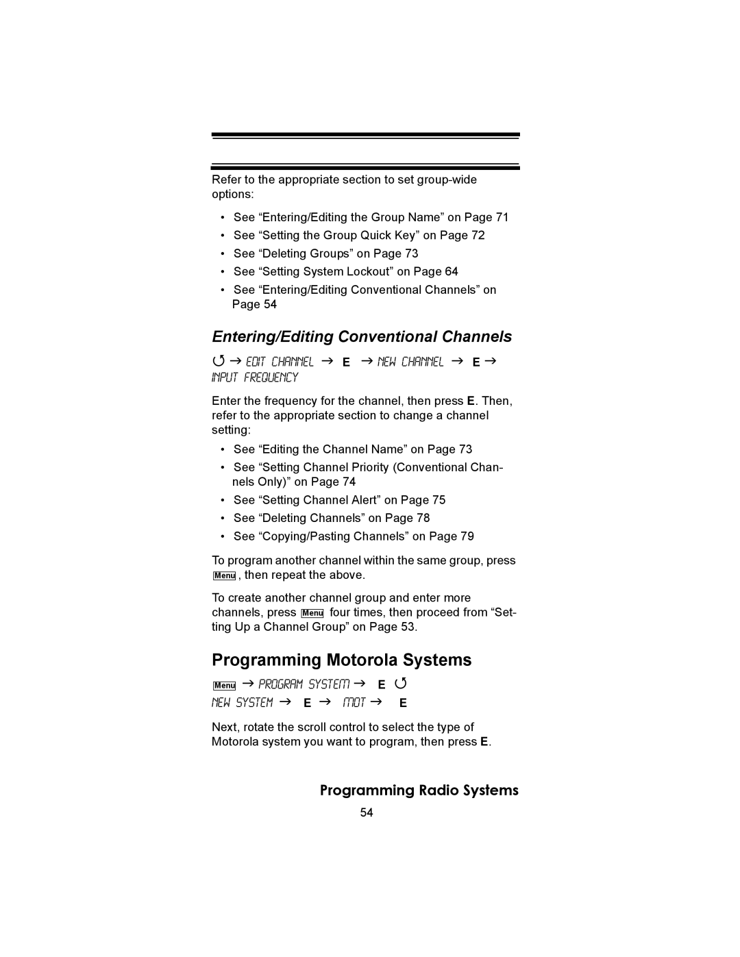 Uniden BC246T owner manual Programming Motorola Systems, Entering/Editing Conventional Channels 