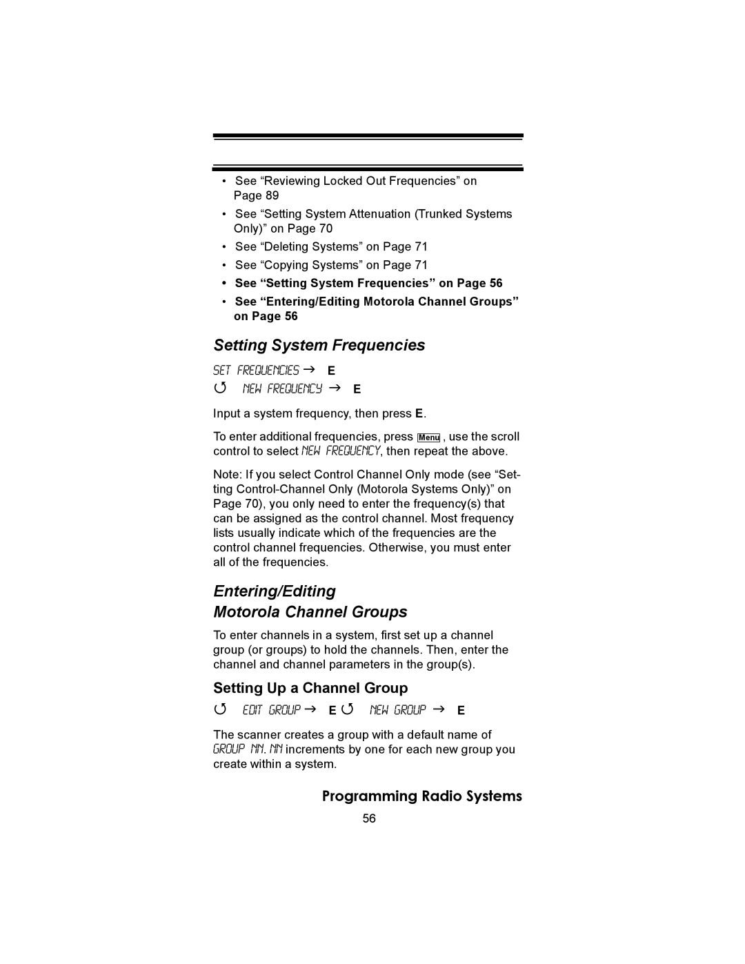 Uniden BC246T owner manual Setting System Frequencies, Entering/Editing Motorola Channel Groups 