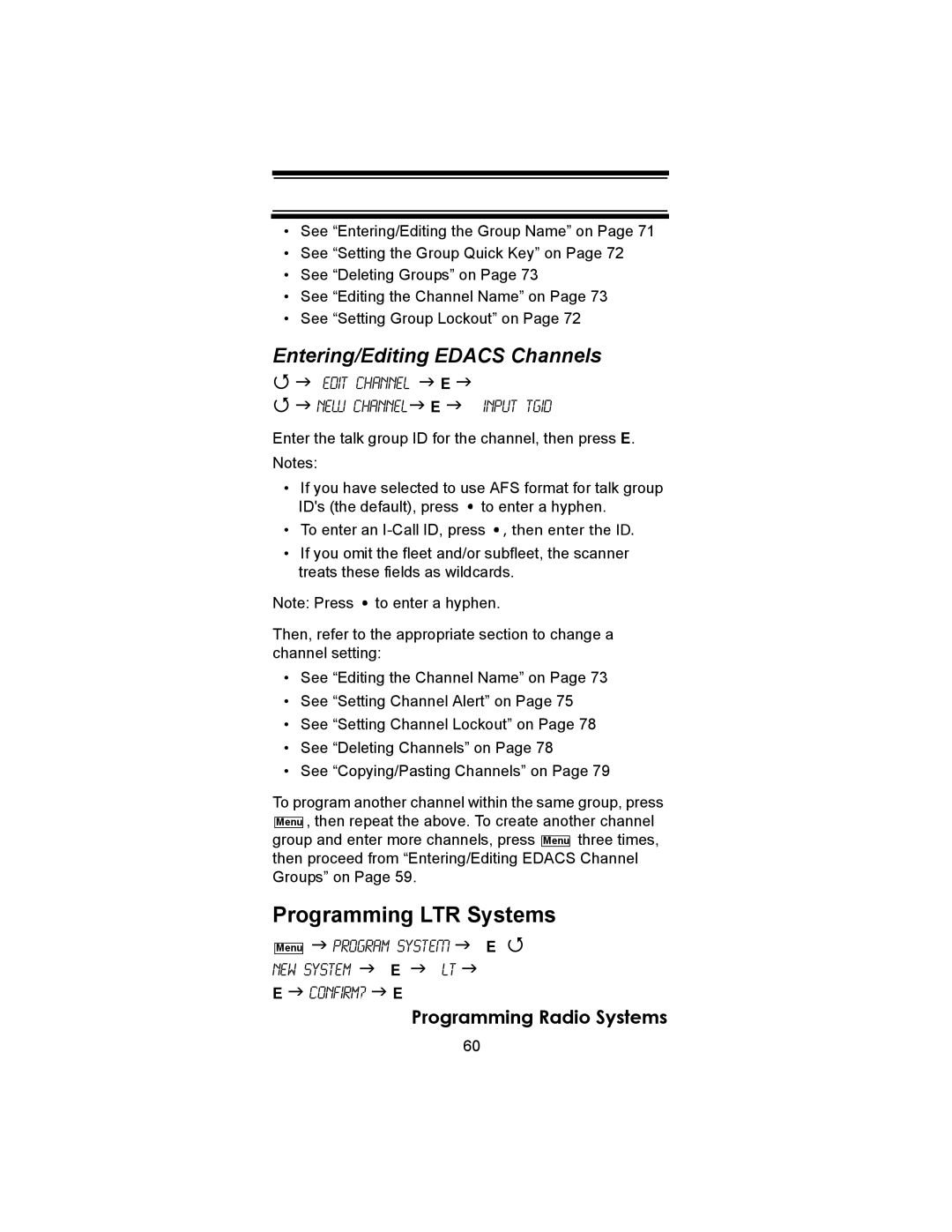 Uniden BC246T owner manual Programming LTR Systems, Entering/Editing Edacs Channels, Edit Channel NEW Channel E 