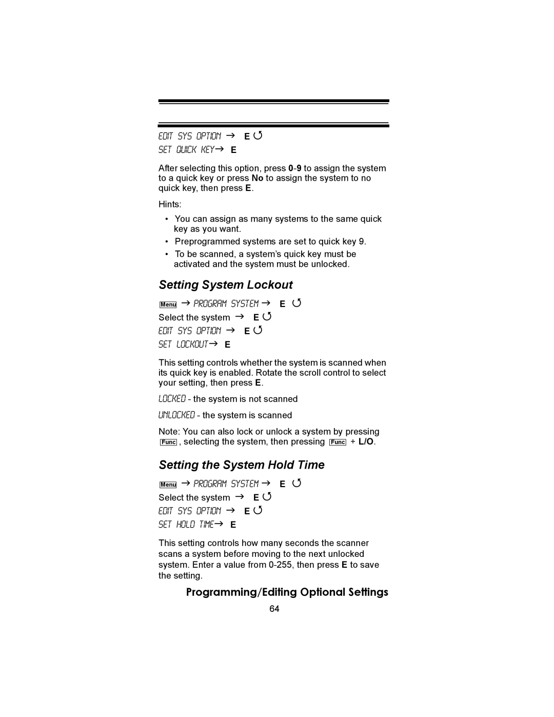 Uniden BC246T owner manual Setting System Lockout, Setting the System Hold Time, Edit Sys 