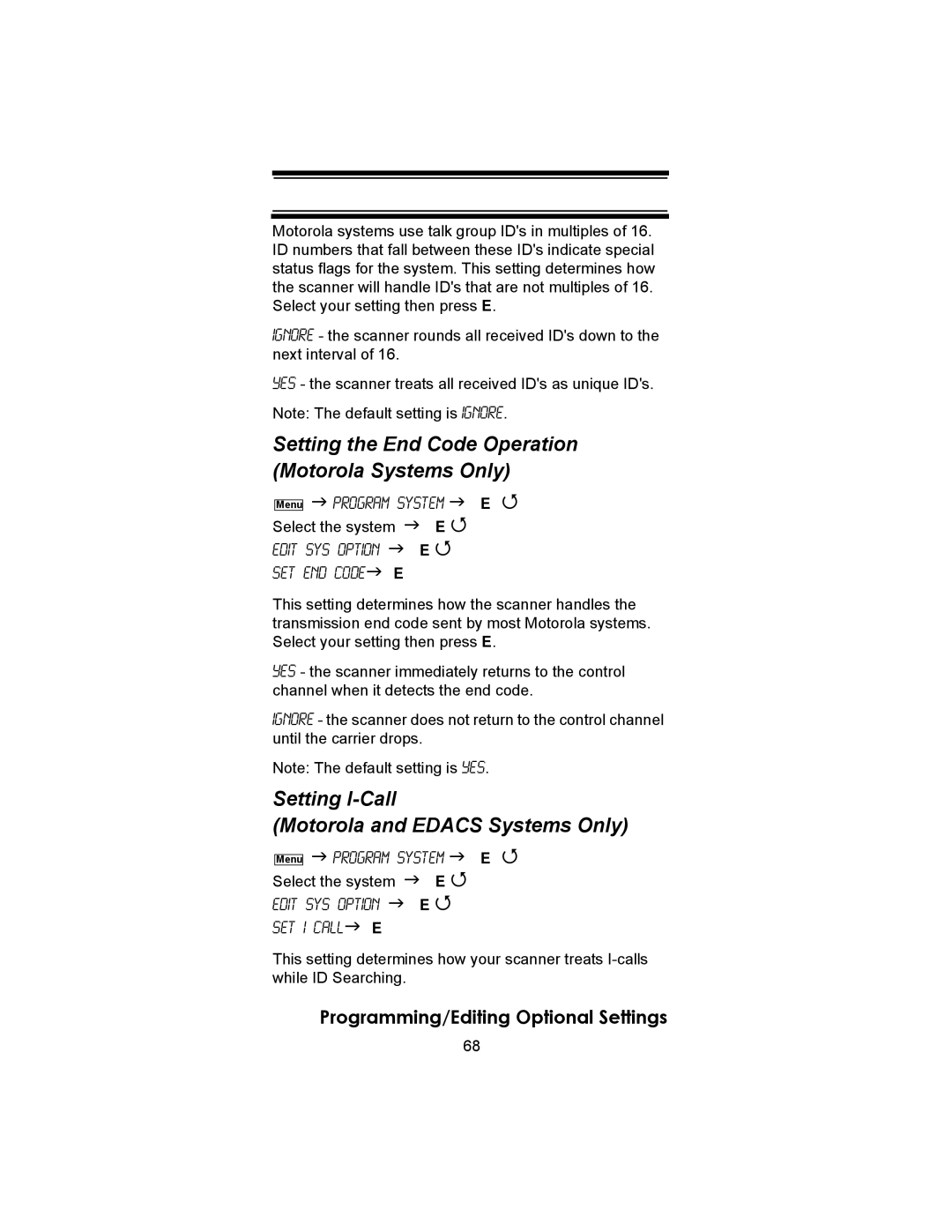 Uniden BC246T Setting the End Code Operation Motorola Systems Only, Setting I-Call Motorola and Edacs Systems Only 