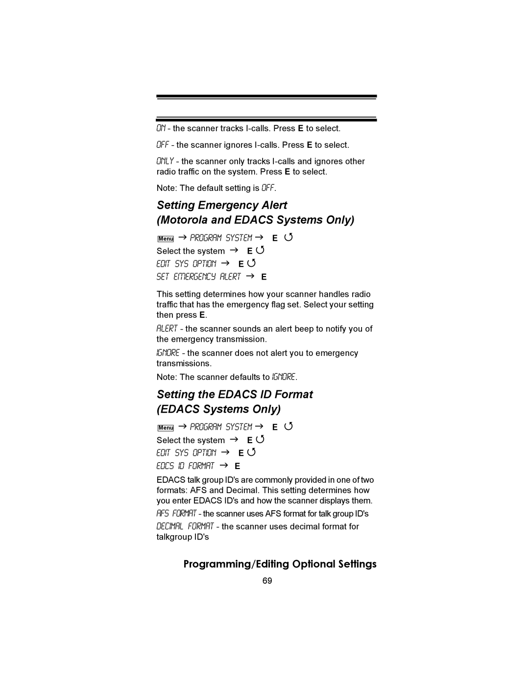 Uniden BC246T Setting Emergency Alert Motorola and Edacs Systems Only, Setting the Edacs ID Format Edacs Systems Only 