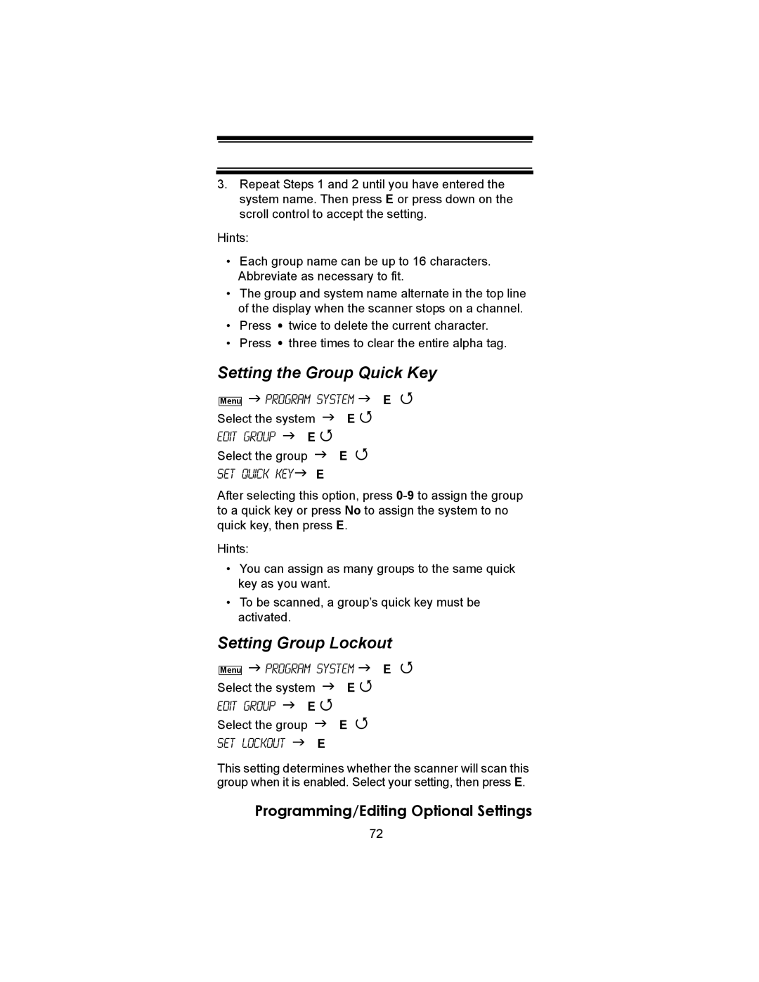 Uniden BC246T owner manual Setting the Group Quick Key, Setting Group Lockout 