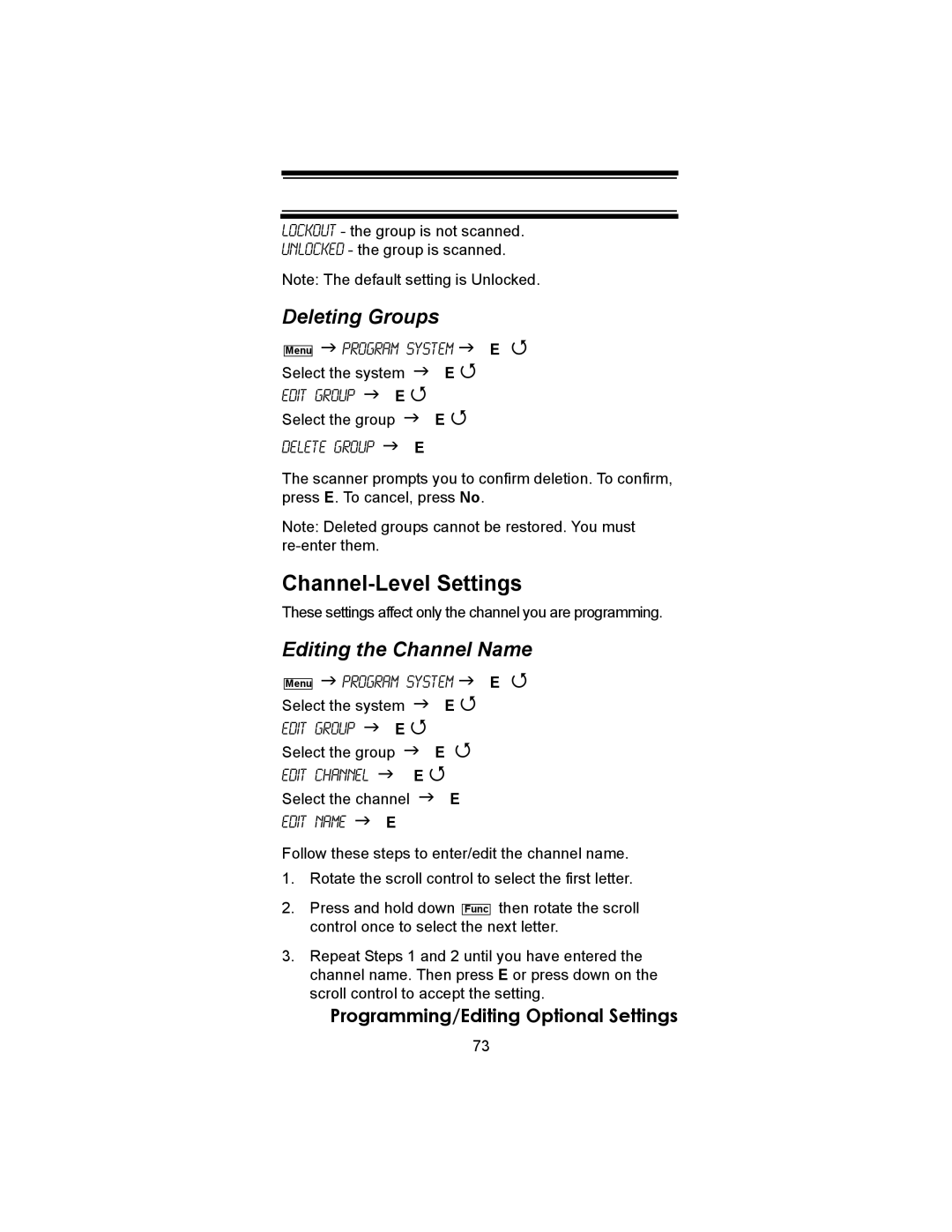 Uniden BC246T owner manual Channel-Level Settings, Deleting Groups, Editing the Channel Name 