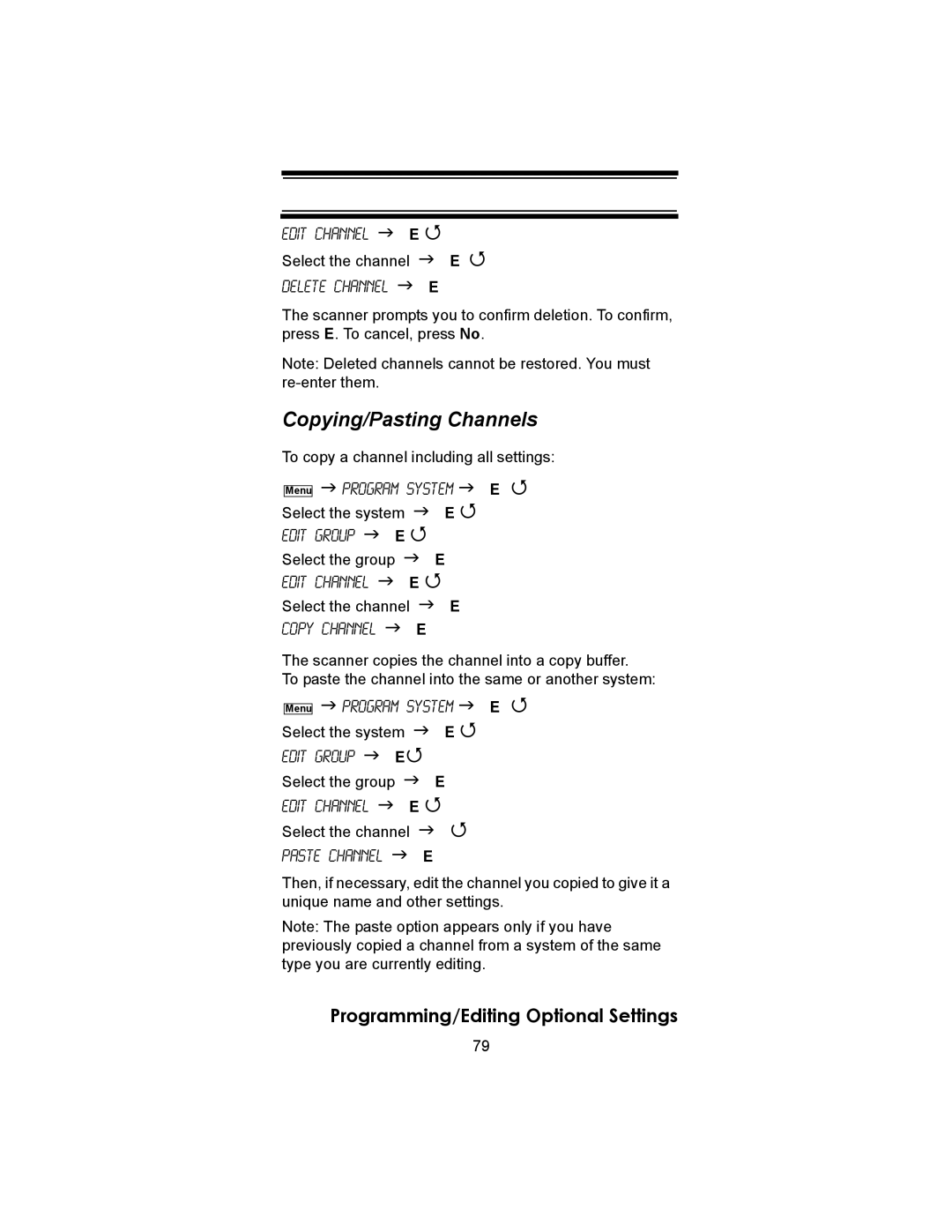 Uniden BC246T owner manual Copying/Pasting Channels, To copy a channel including all settings 