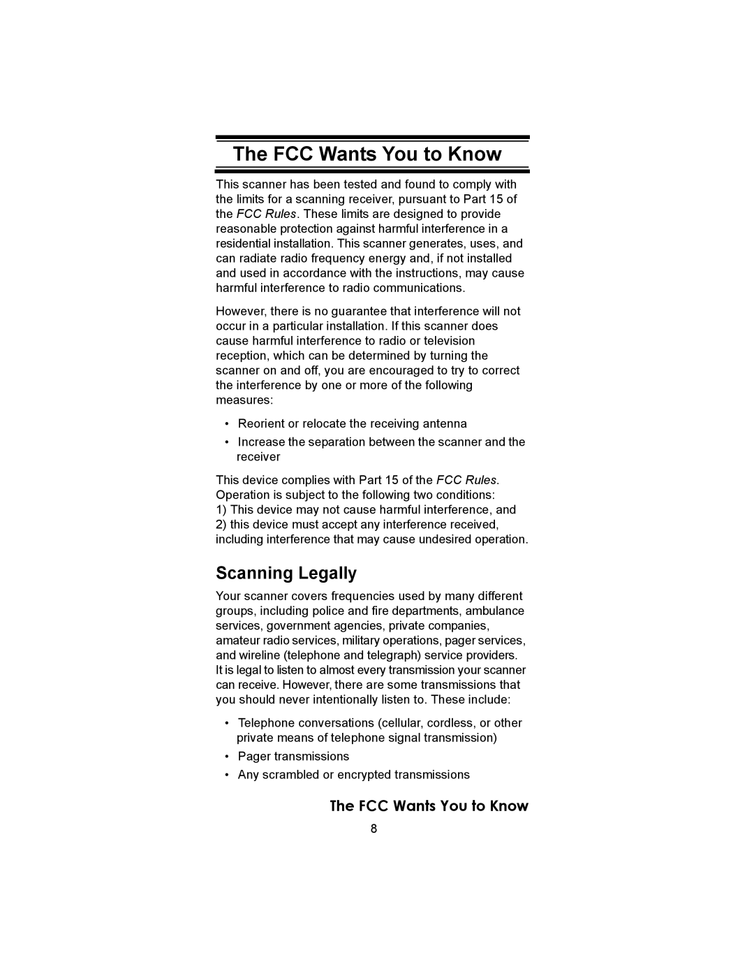 Uniden BC246T owner manual FCC Wants You to Know, Scanning Legally 