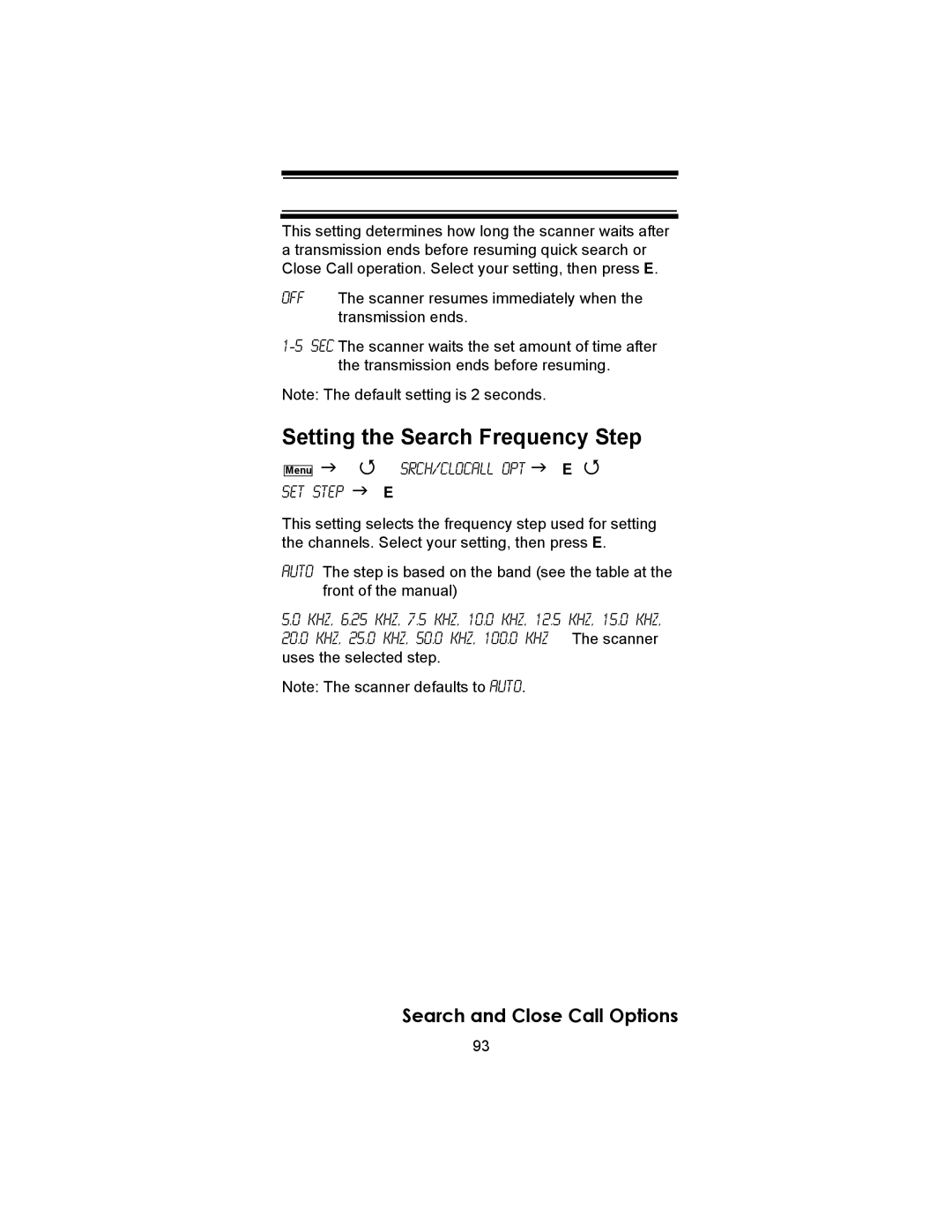 Uniden BC246T owner manual Setting the Search Frequency Step 