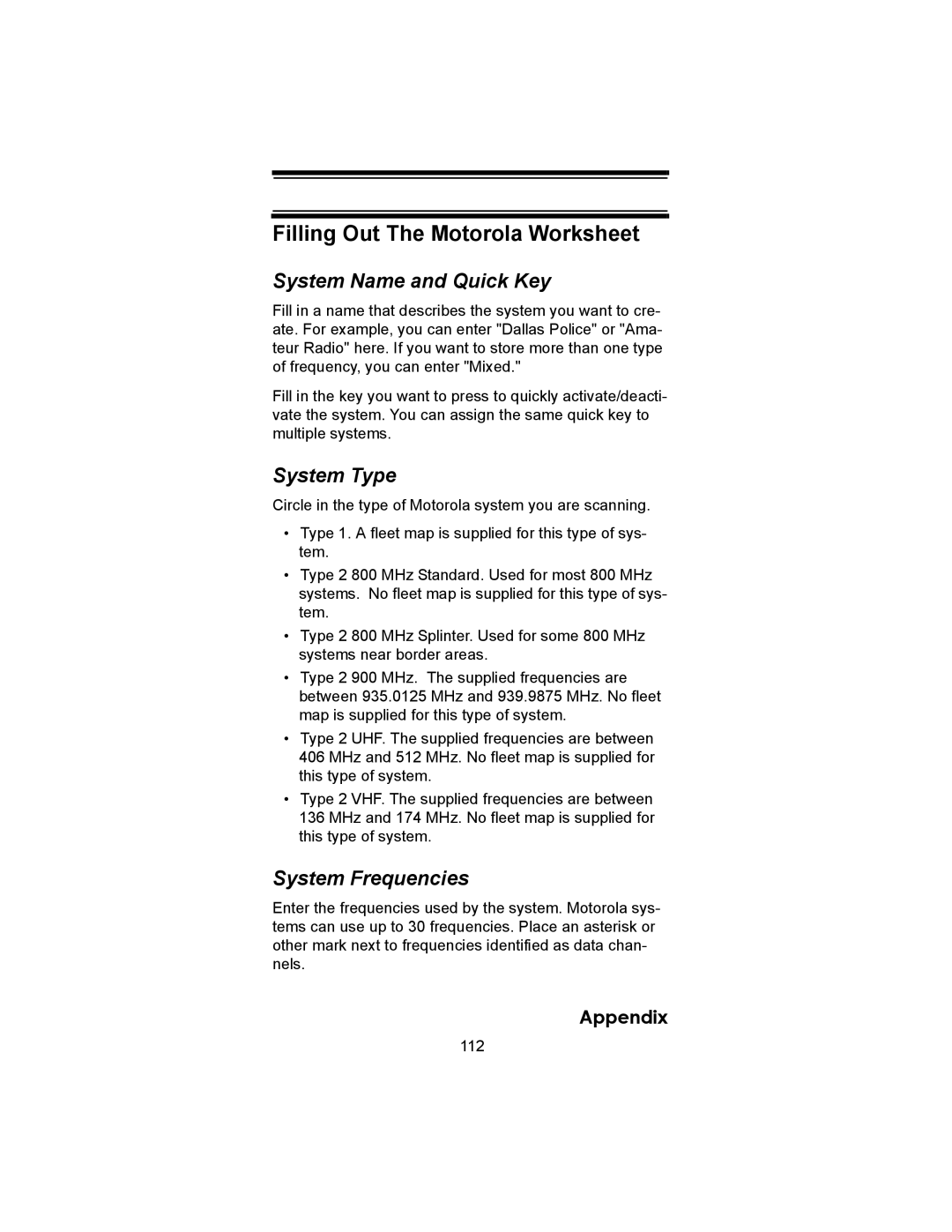 Uniden BC246T owner manual Filling Out The Motorola Worksheet, System Type, System Frequencies 