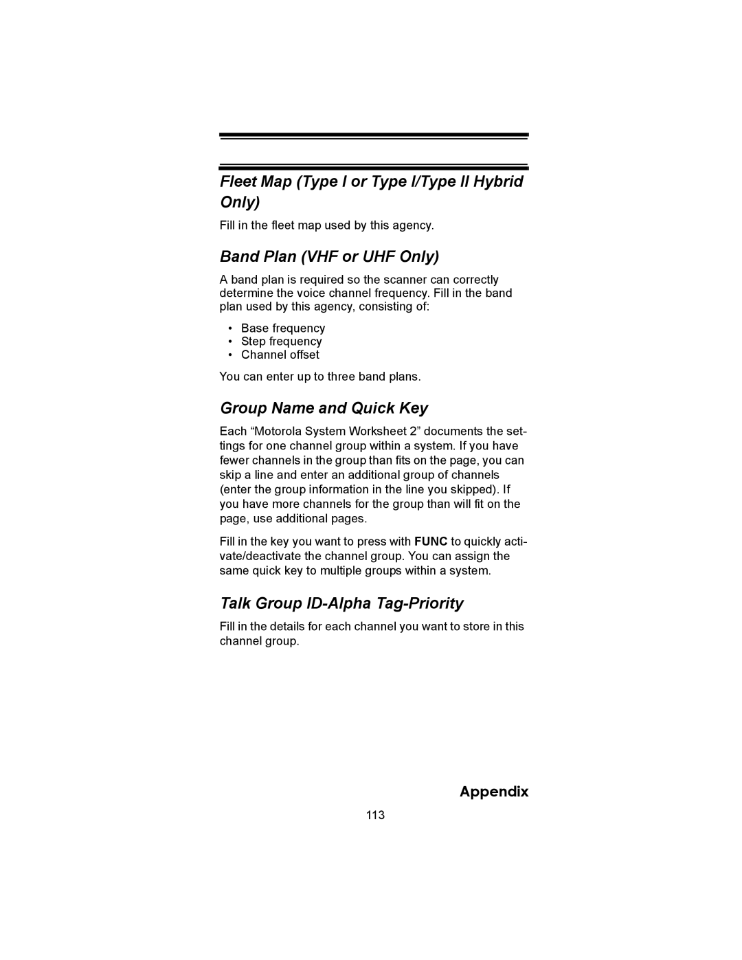 Uniden BC246T Fleet Map Type I or Type I/Type II Hybrid Only, Band Plan VHF or UHF Only, Talk Group ID-Alpha Tag-Priority 