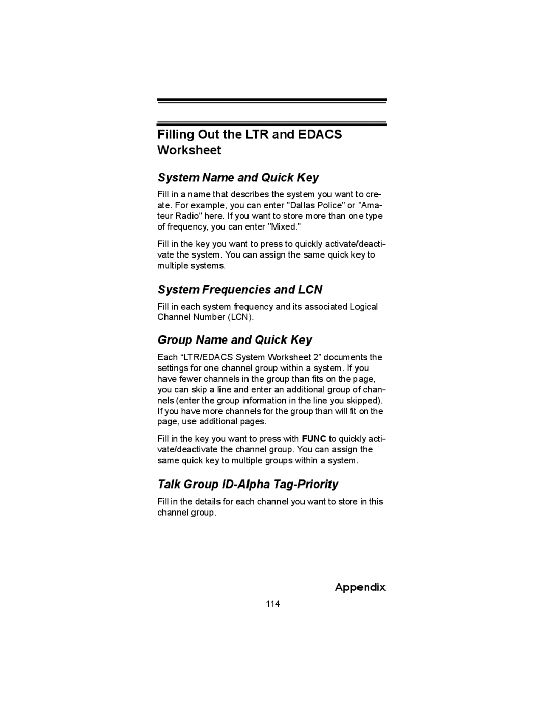 Uniden BC246T owner manual Filling Out the LTR and Edacs Worksheet, System Frequencies and LCN 