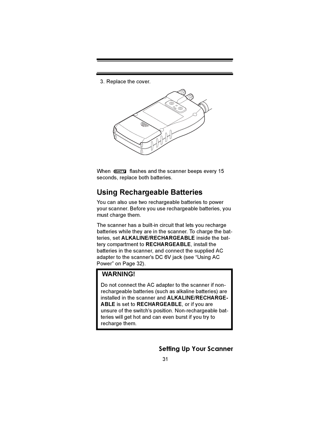 Uniden BC246T owner manual Using Rechargeable Batteries 