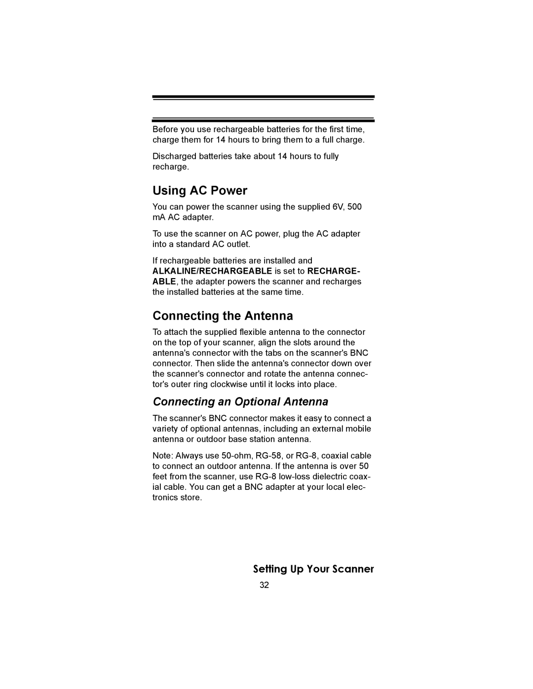 Uniden BC246T owner manual Using AC Power, Connecting the Antenna, Connecting an Optional Antenna 