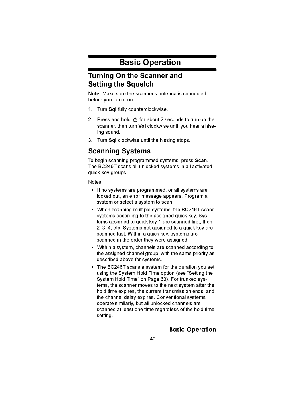 Uniden BC246T owner manual Basic Operation, Turning On the Scanner Setting the Squelch, Scanning Systems 