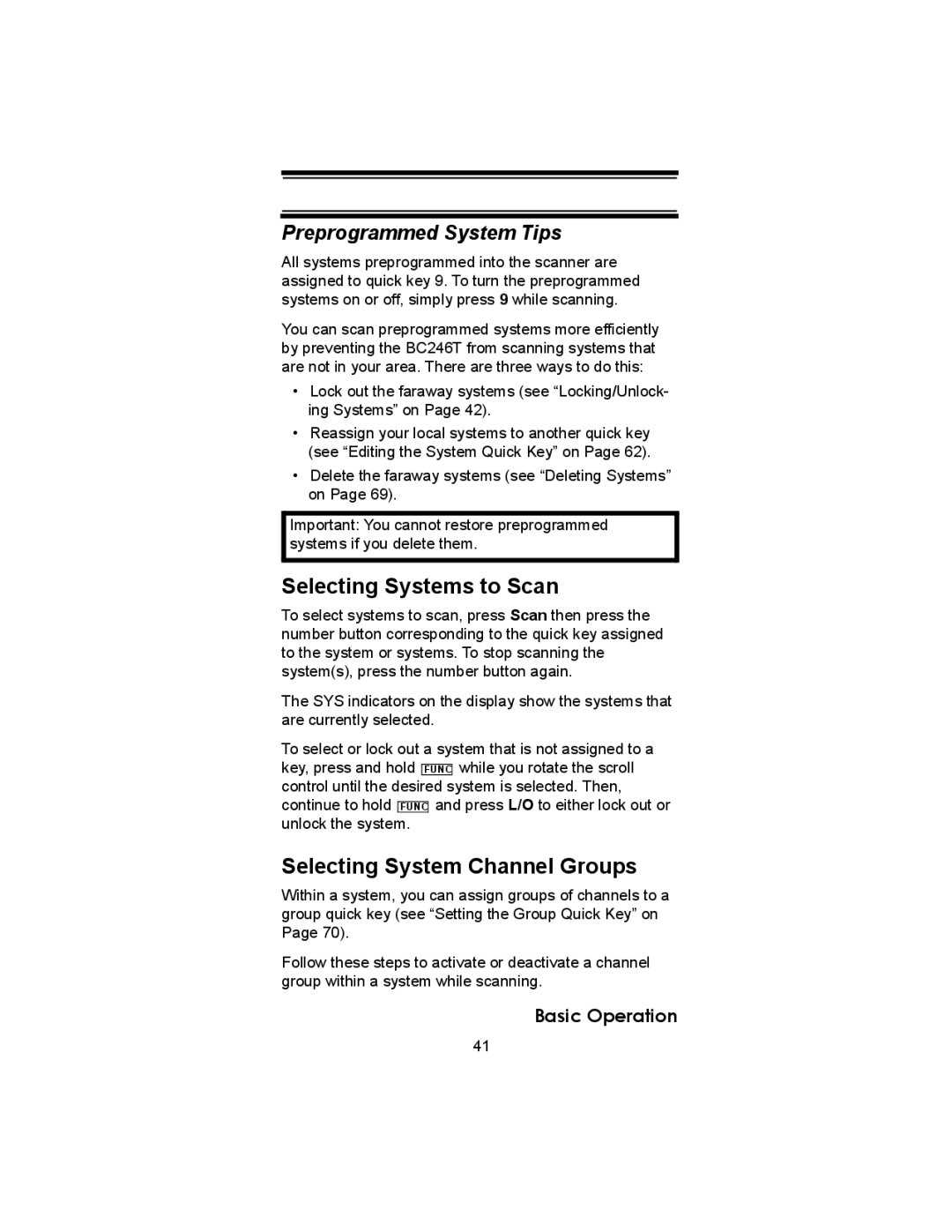 Uniden BC246T owner manual Selecting Systems to Scan, Selecting System Channel Groups, Preprogrammed System Tips 
