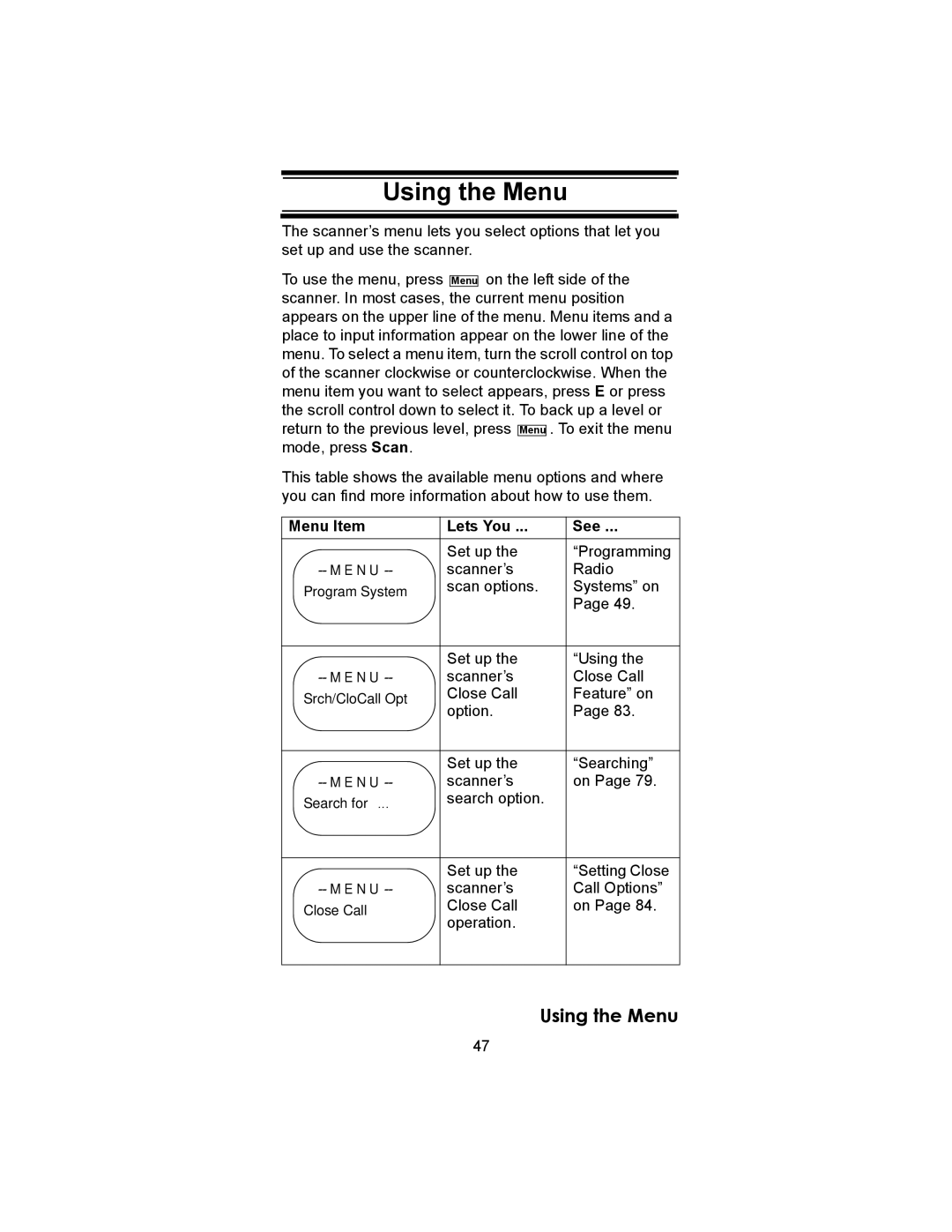 Uniden BC246T owner manual Using the Menu, Menu Item Lets You See 