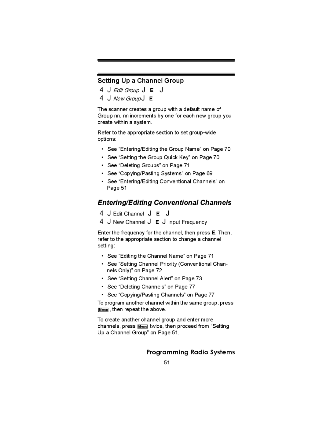 Uniden BC246T owner manual Entering/Editing Conventional Channels, Setting Up a Channel Group 