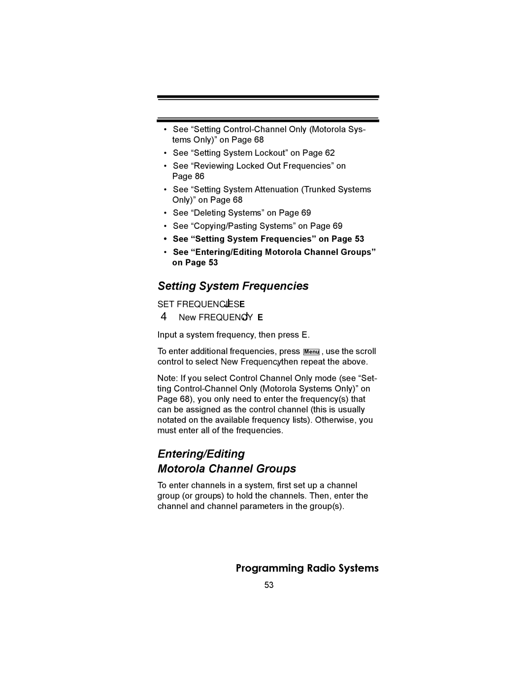 Uniden BC246T owner manual Setting System Frequencies, Entering/Editing Motorola Channel Groups 