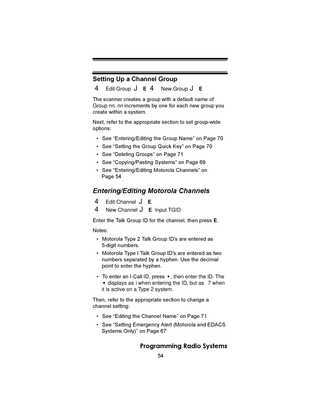 Uniden BC246T owner manual Entering/Editing Motorola Channels 