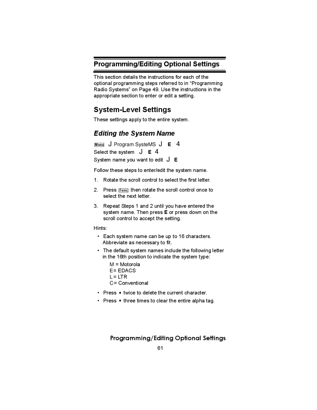 Uniden BC246T owner manual System-Level Settings, Editing the System Name, Programming/Editing Optional Settings 