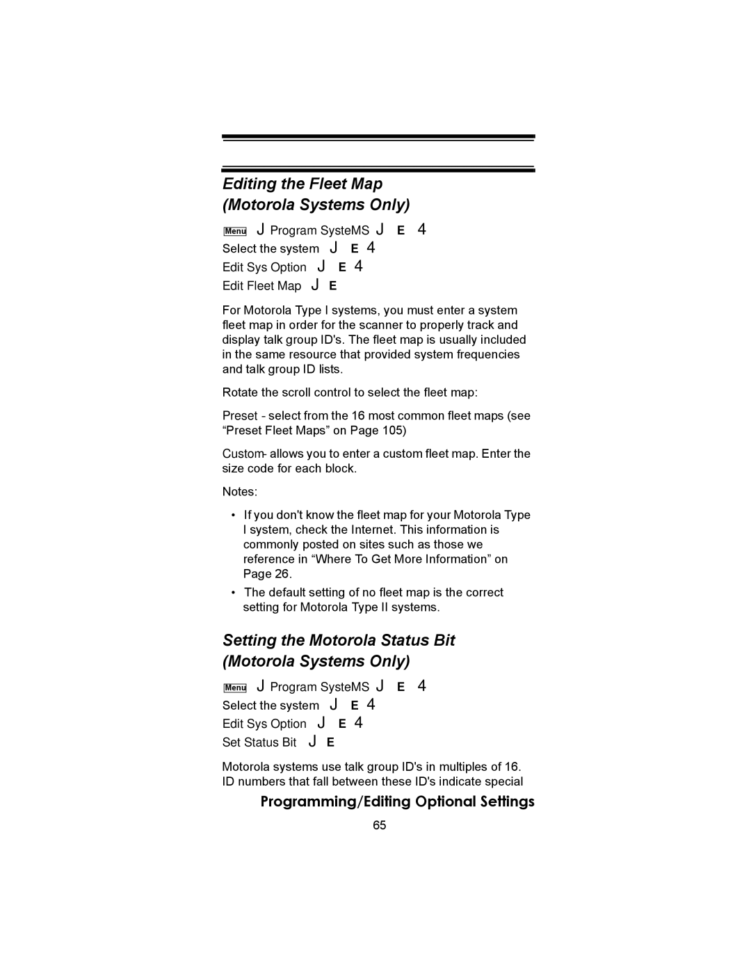 Uniden BC246T Editing the Fleet Map Motorola Systems Only, Setting the Motorola Status Bit Motorola Systems Only 